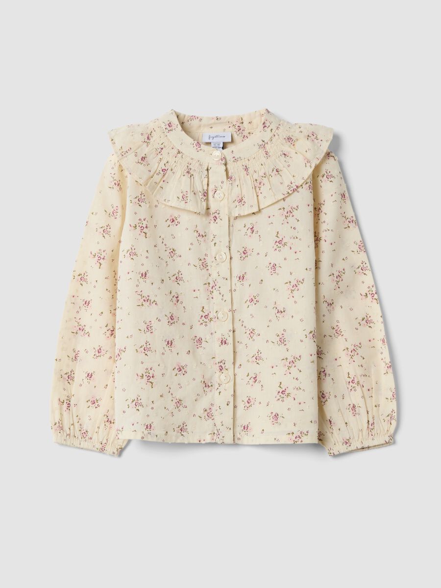 Cream pure cotton shirt with pale pink and olive green floral print_0