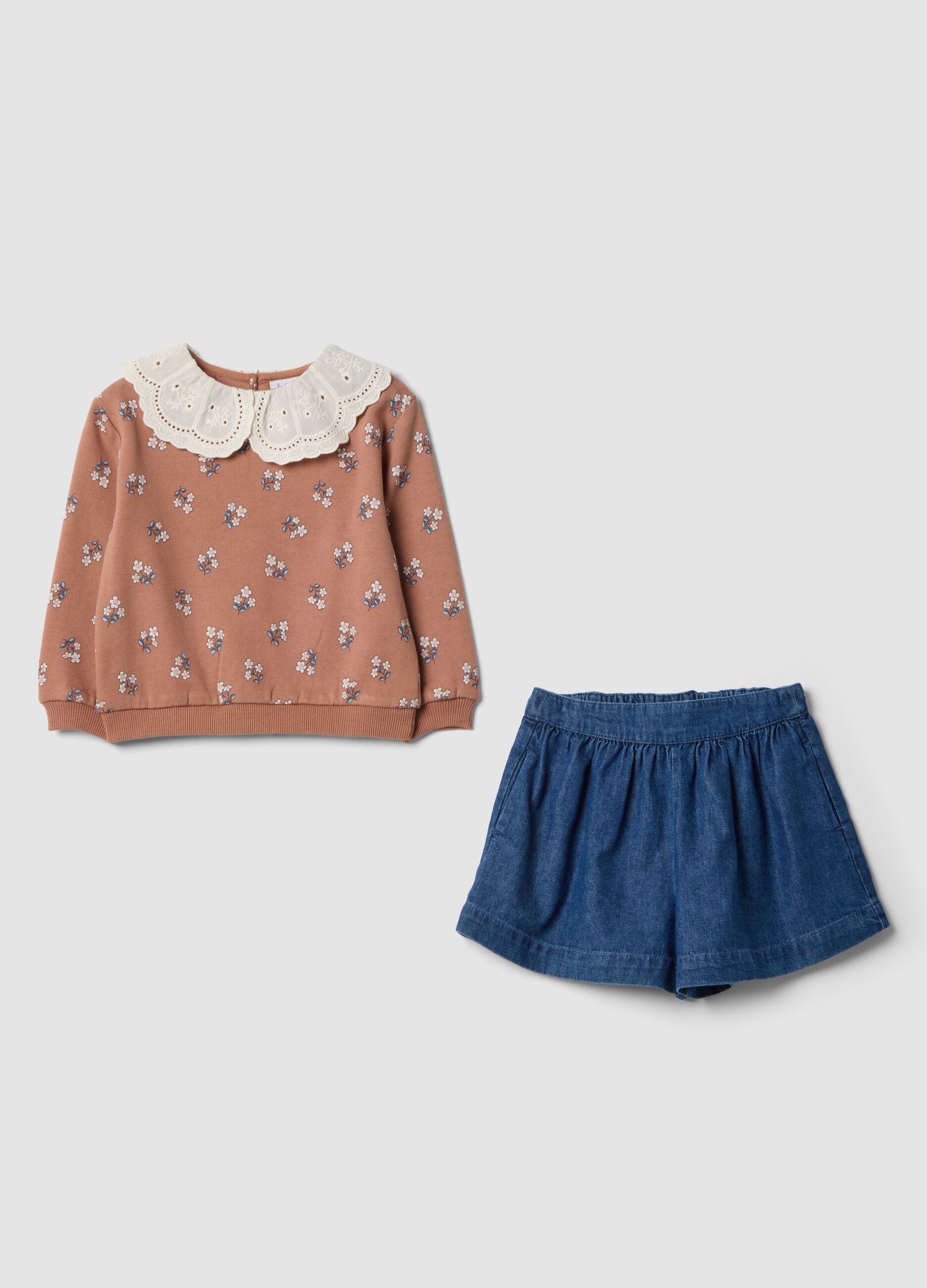 Pink and denim pure cotton set with floral print