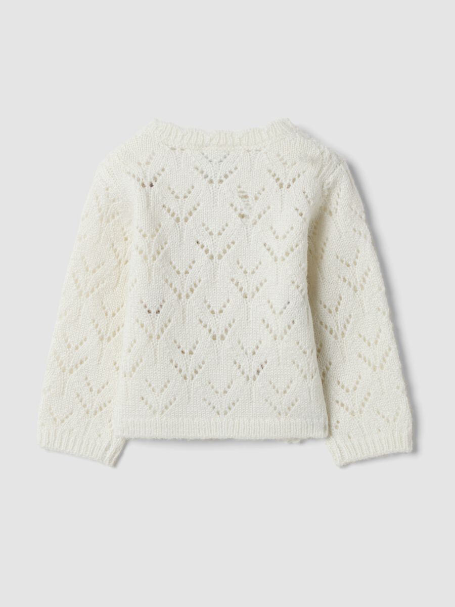 White openwork knit crew-neck cardigan_1