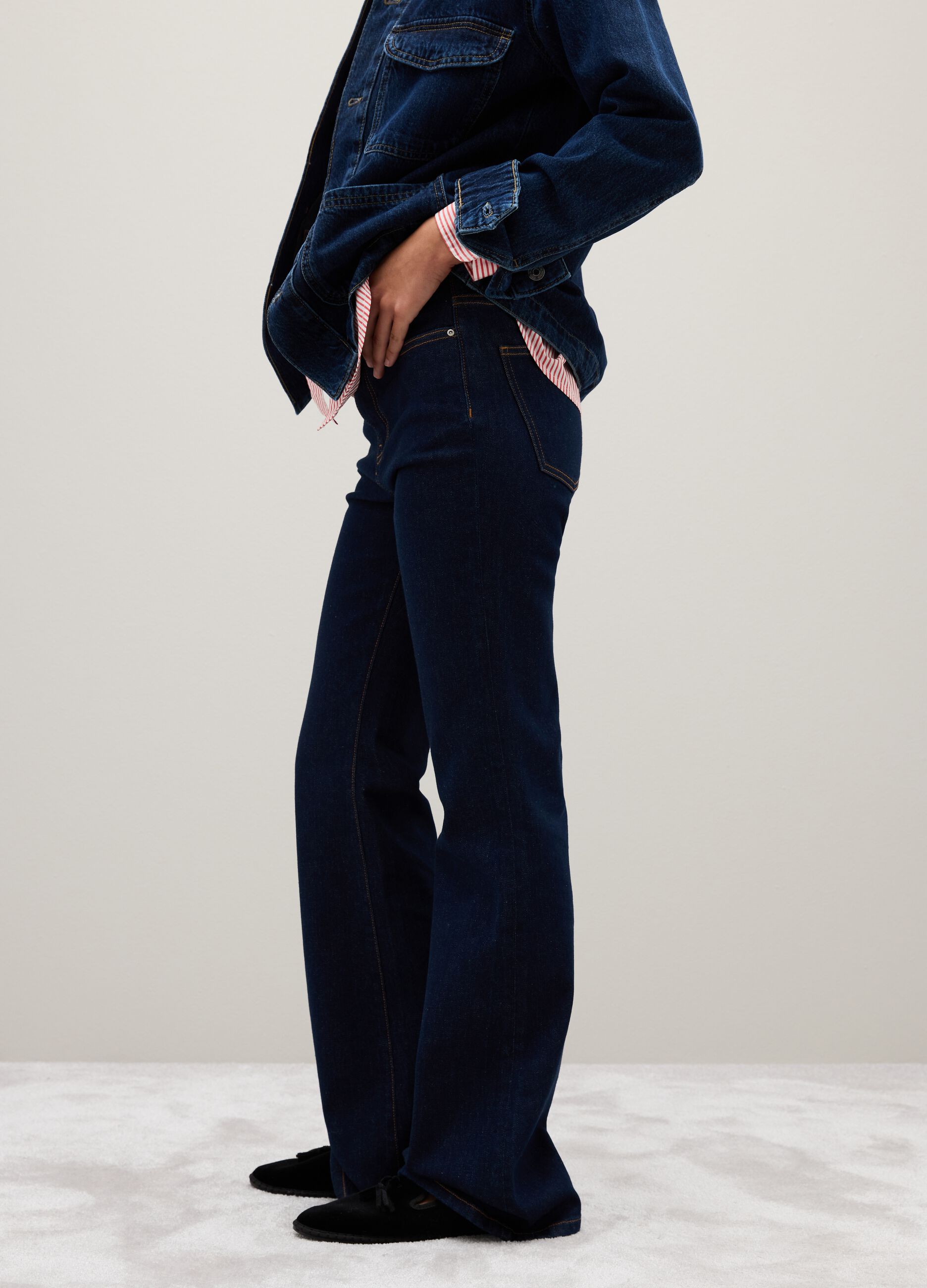 Blue Denim Flare Fit Stretch Cotton Trousers