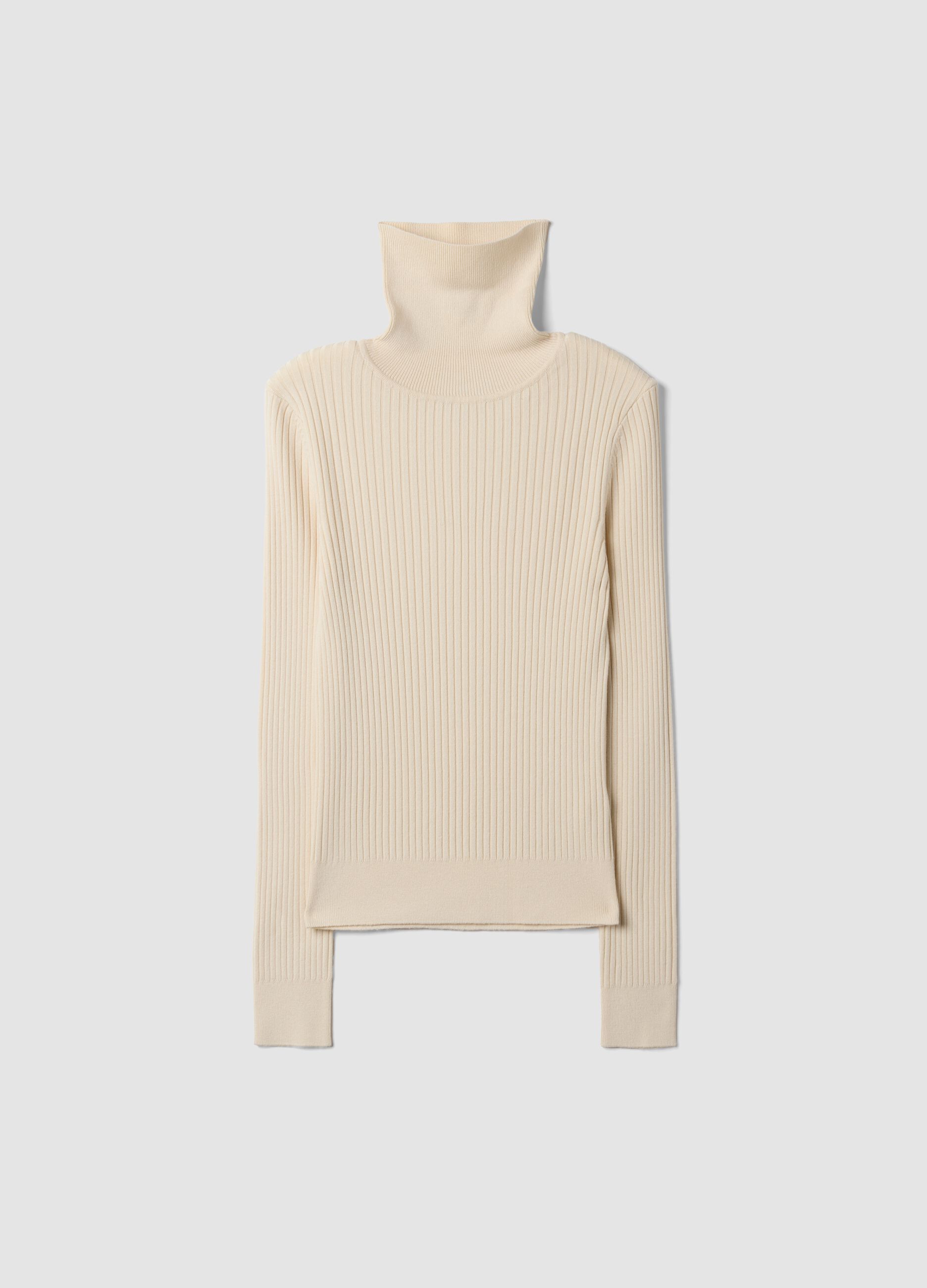Beige ribbed viscose-blend roll-neck jumper