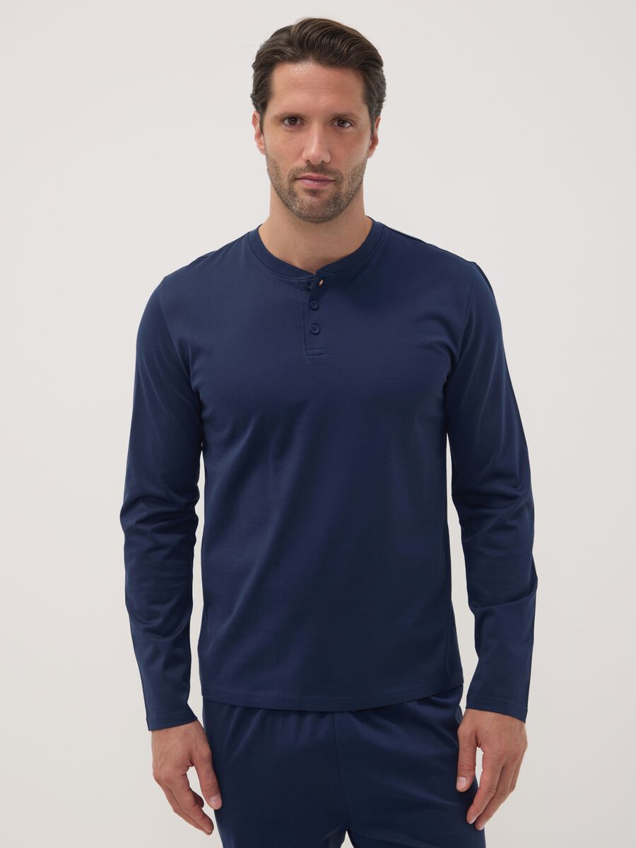 Blue pure organic cotton pyjamas with Henley neckline, regular fit_1