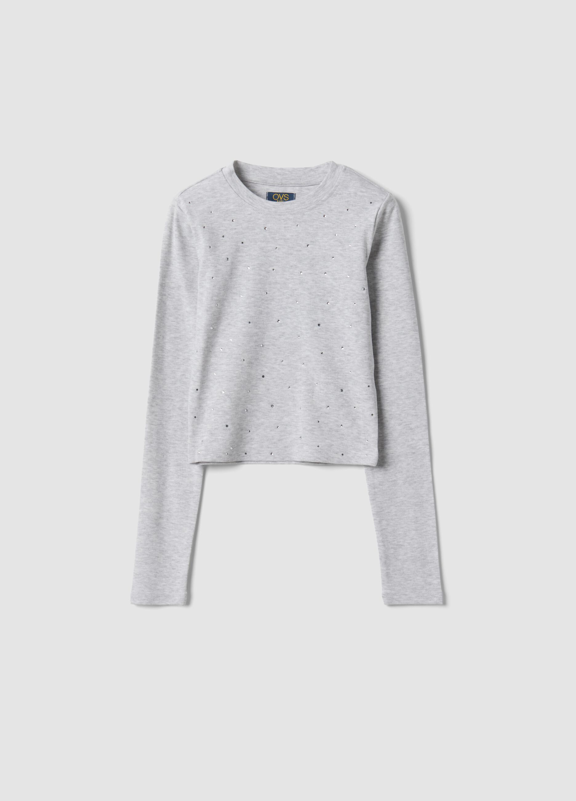 T-shirt grigia in cotone organico e viscosa elasticizzata con strass