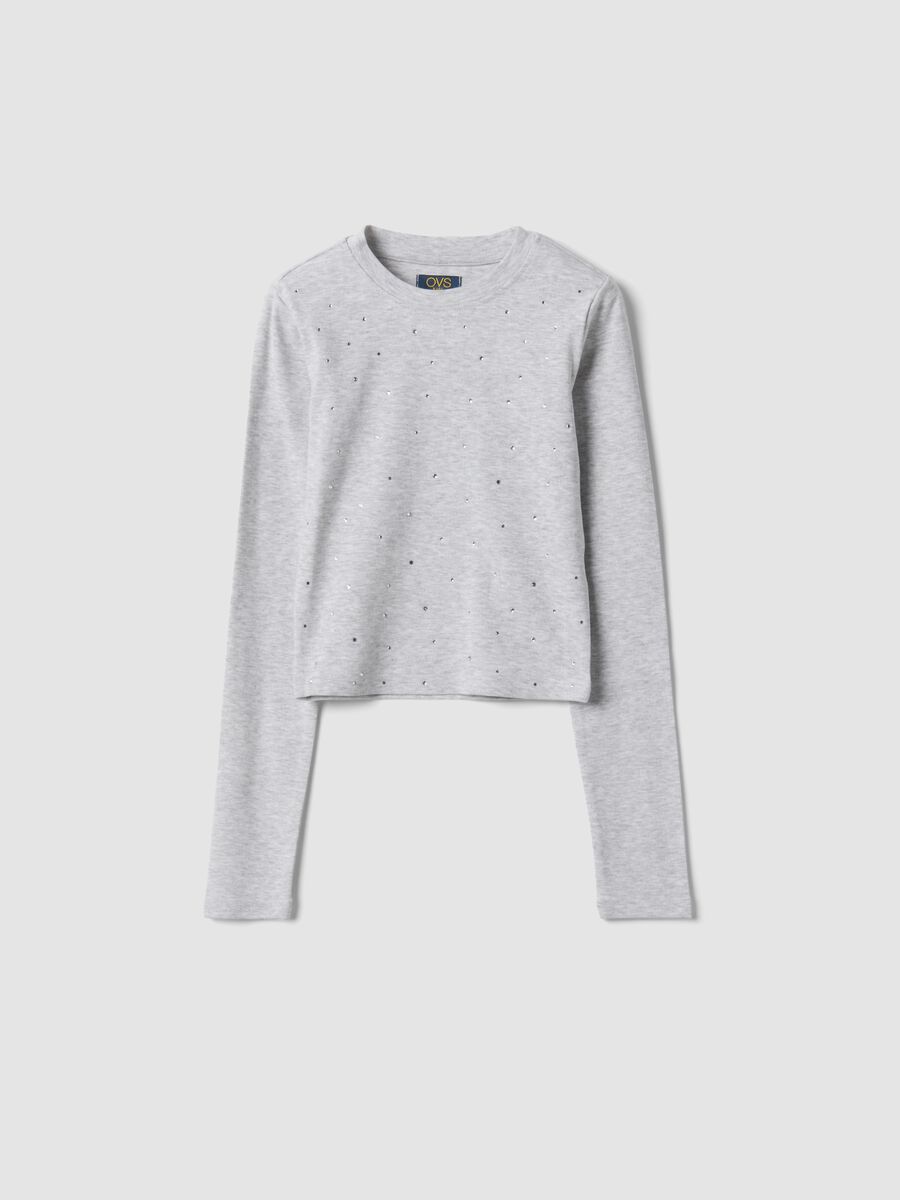 Grey organic cotton and stretch viscose T-shirt with rhinestones_0