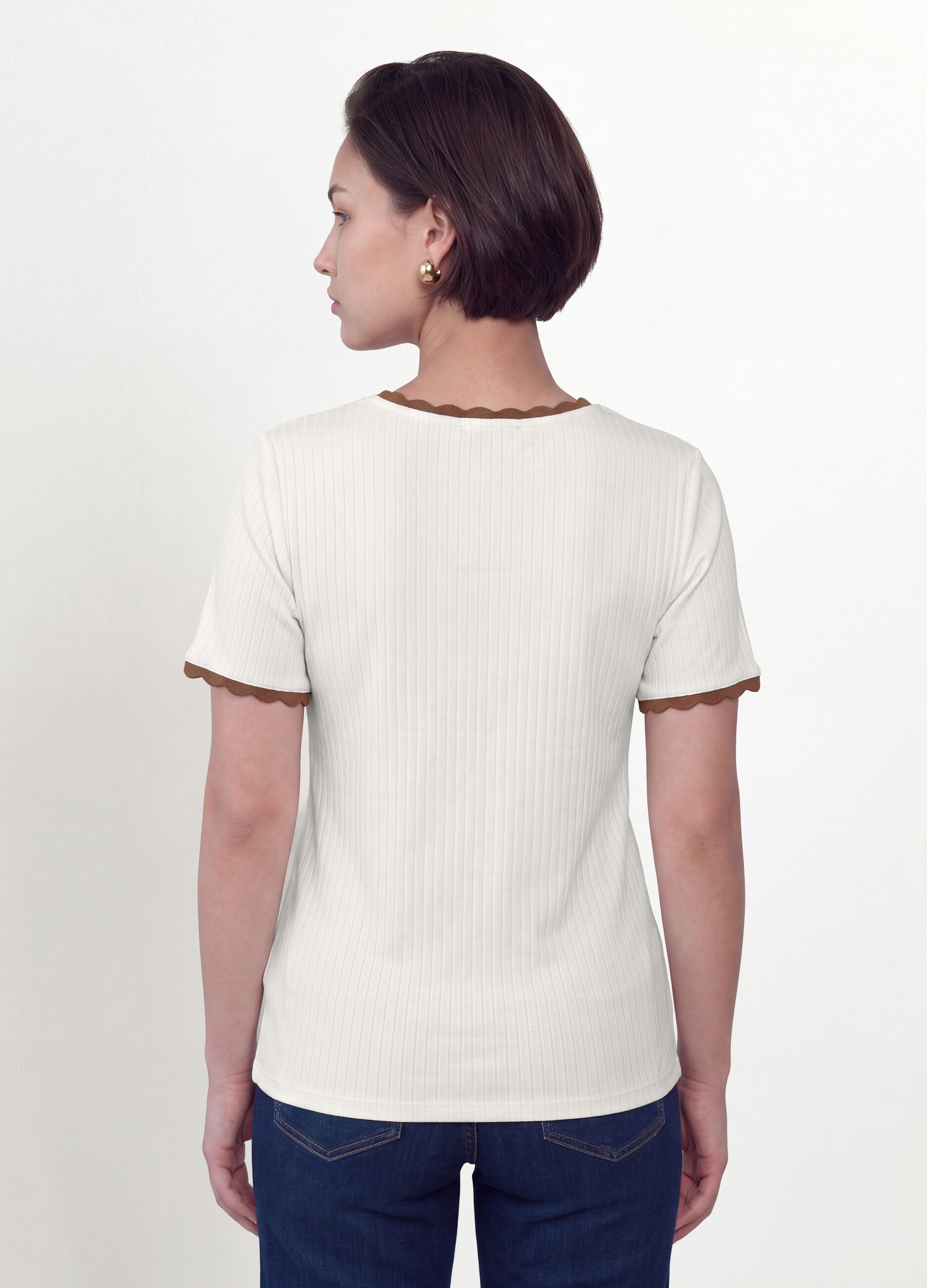 White stretch viscose crew-neck T-shirt with contrast trims