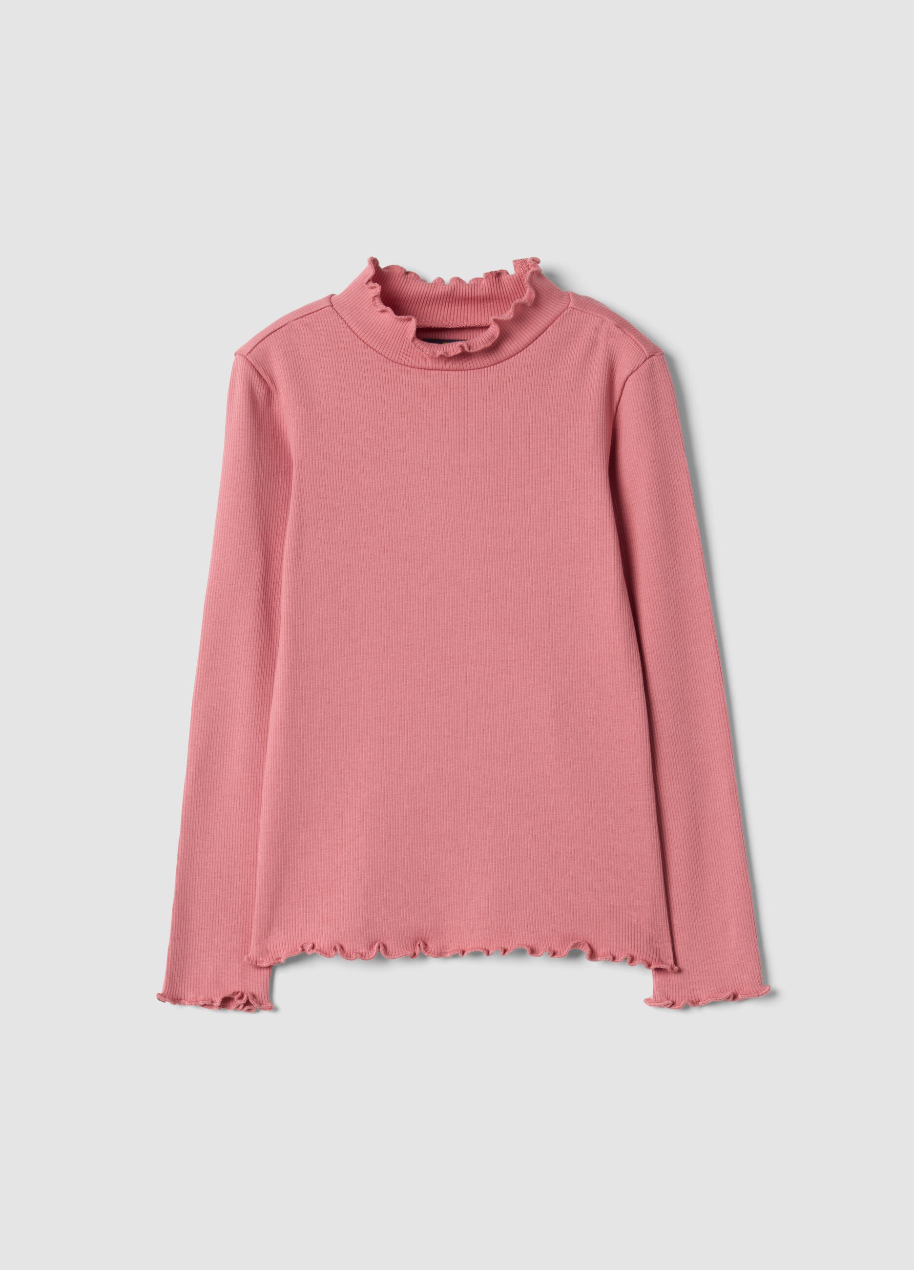 Pink stretch organic cotton T-shirt with raised neck