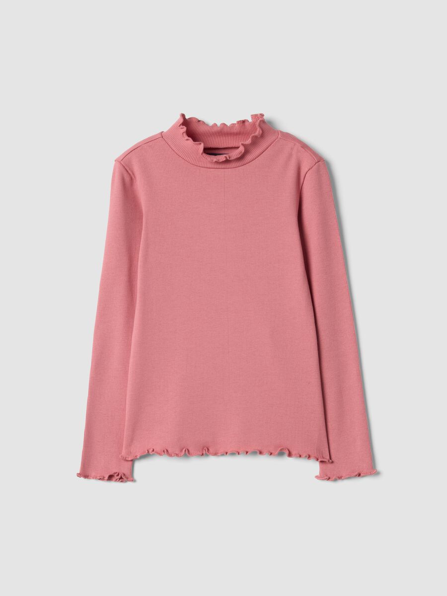 Pink stretch organic cotton T-shirt with raised neck_0