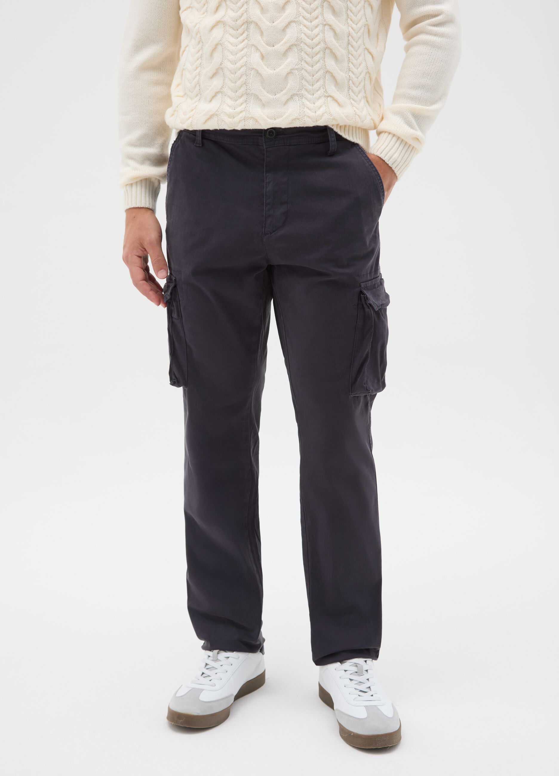 Blue stretch cotton slim fit cargo trousers