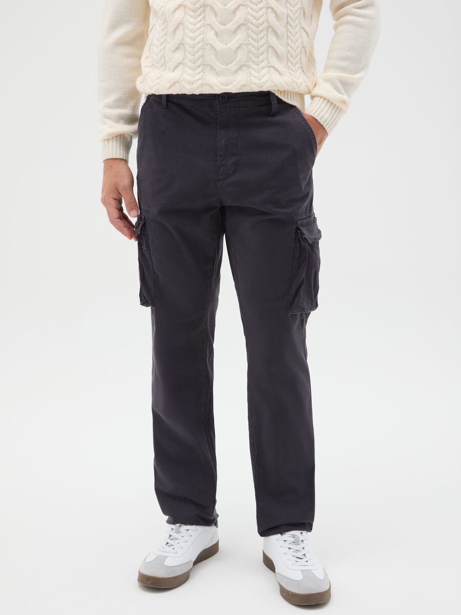 Blue stretch cotton slim fit cargo trousers_1