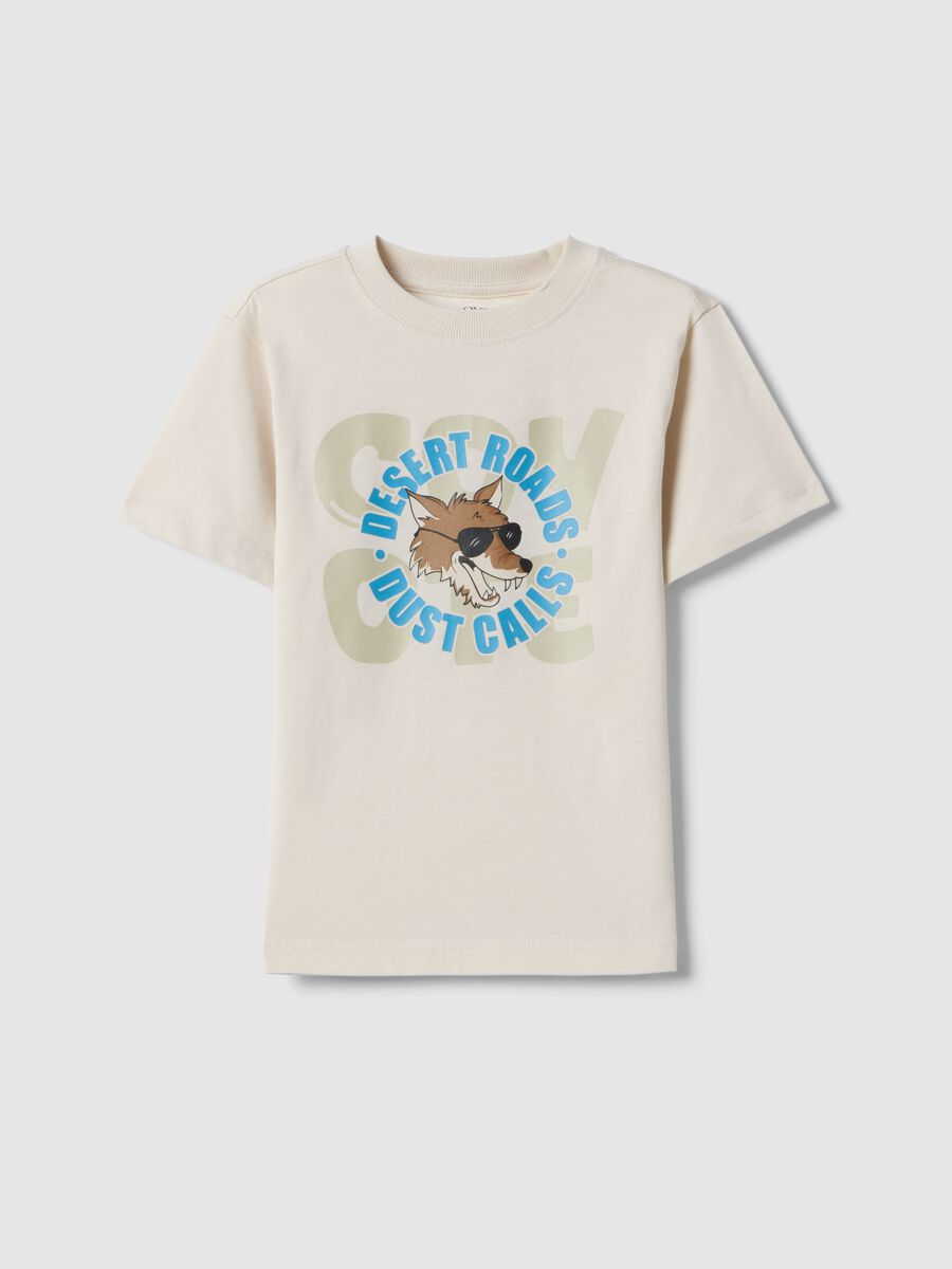 Beige pure cotton regular fit kids' t-shirt with print_0