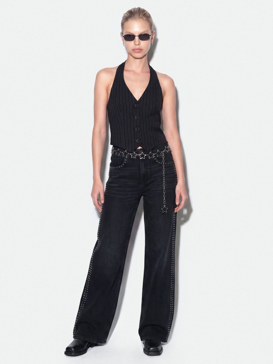 Black pure cotton wide-leg jeans with studs_0