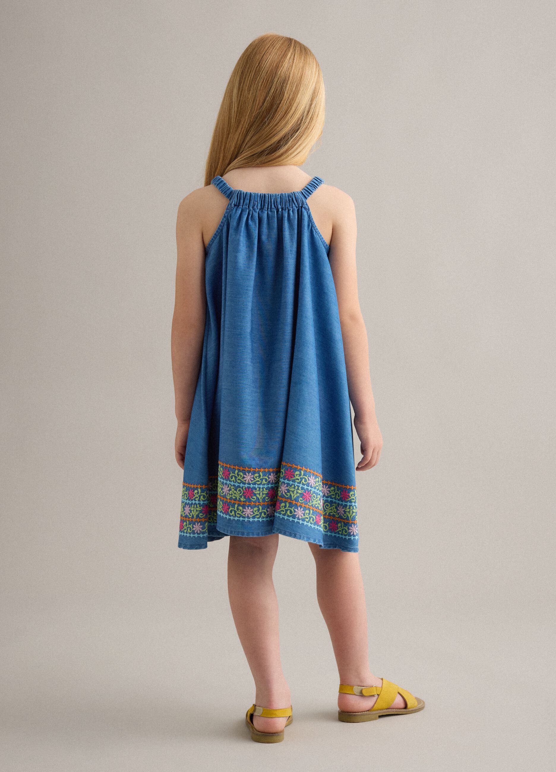 Blue pure lyocell dress with straps and hem embroidery