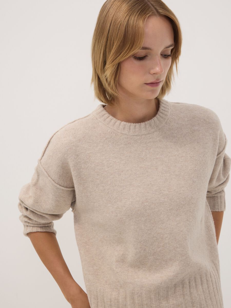Beige crew-neck jumper in stretch fabric_1