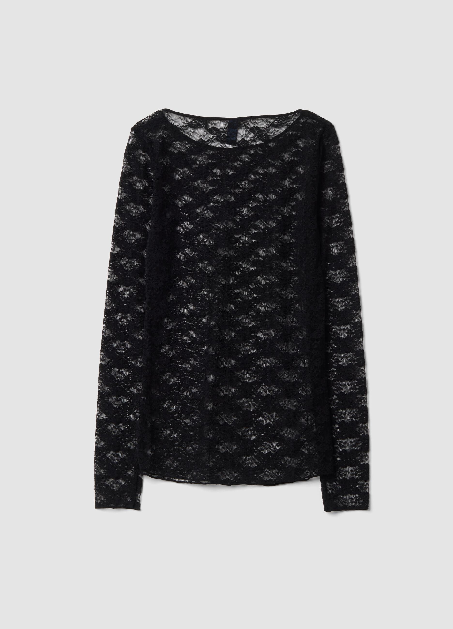 Maglia nera in tessuto elasticizzato con pizzo regular fit