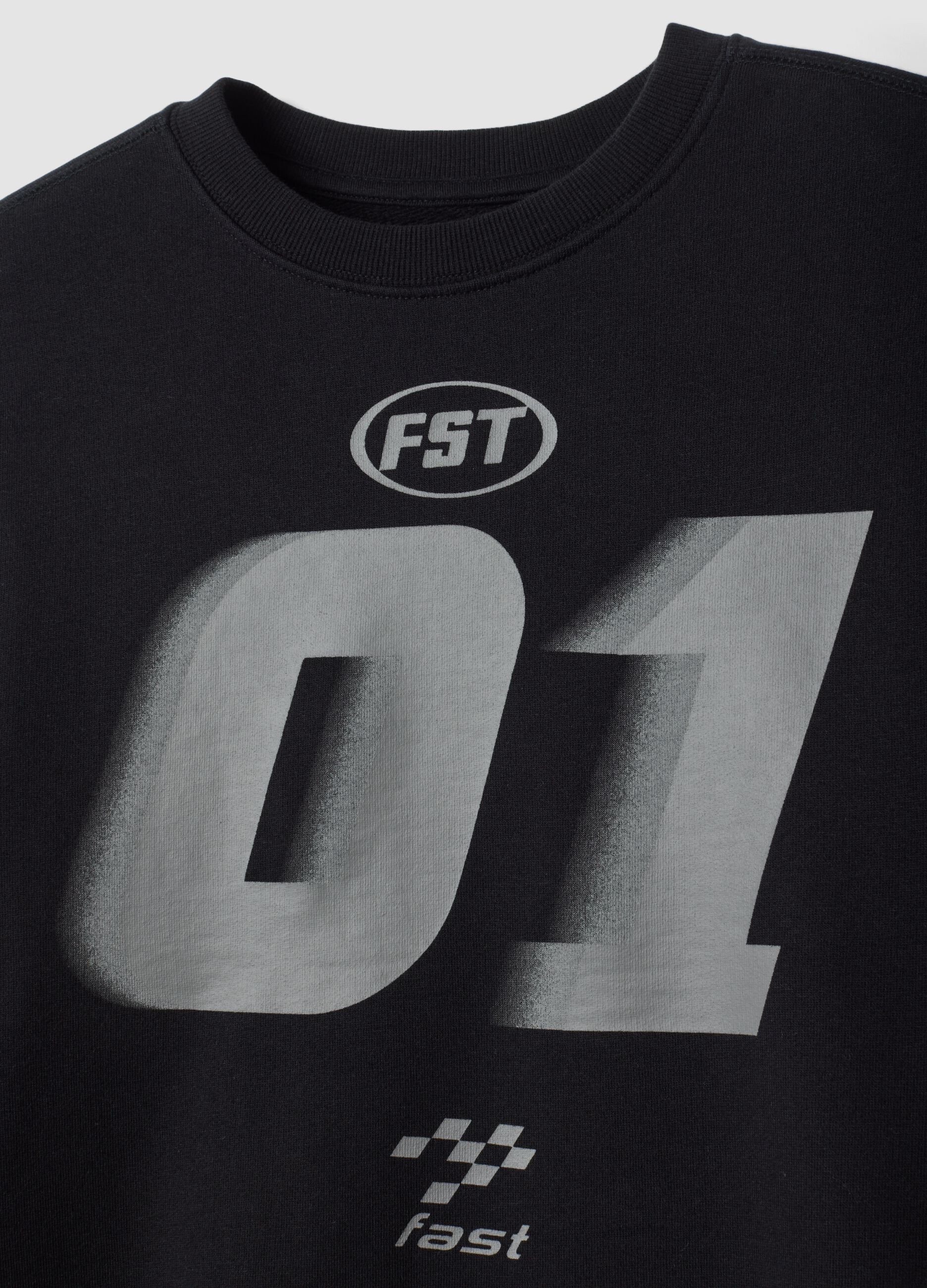 Black racing-themed crew-neck sweatshirt in pure organic cotton, relaxed fit