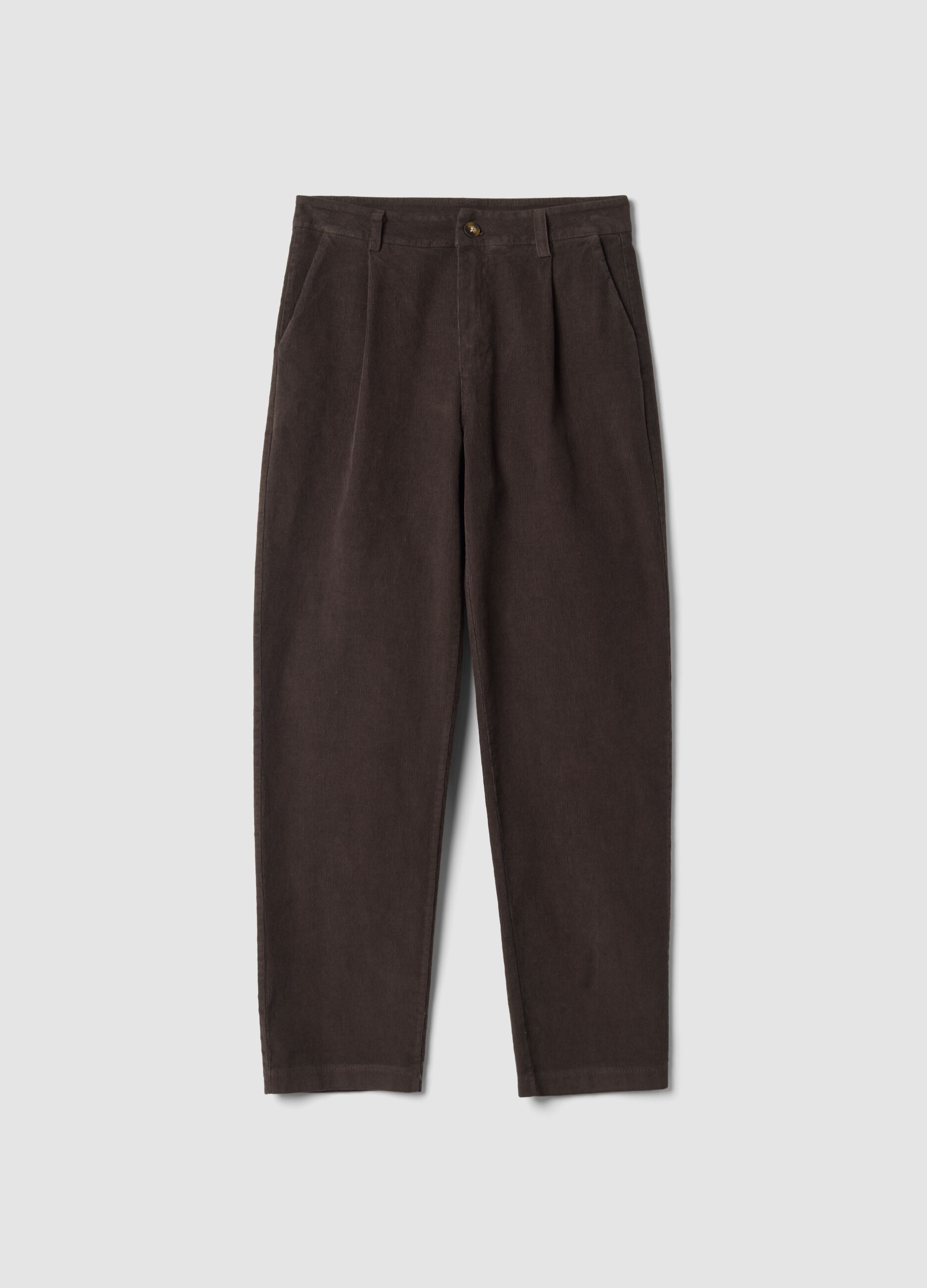 Brown ribbed regular-fit stretch cotton trousers