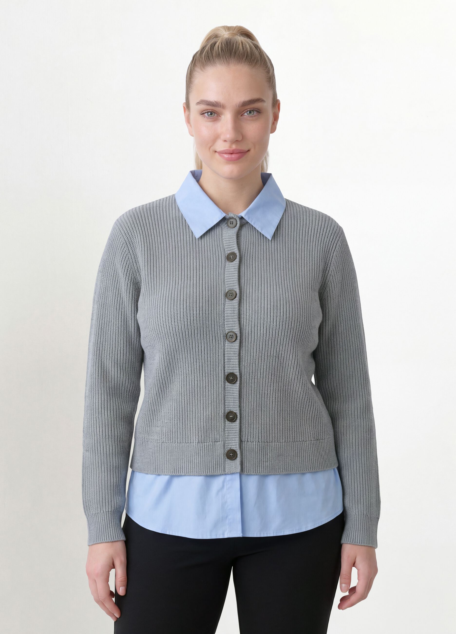 Cardigan grigio con colletto regular fit a coste effetto doppio strato