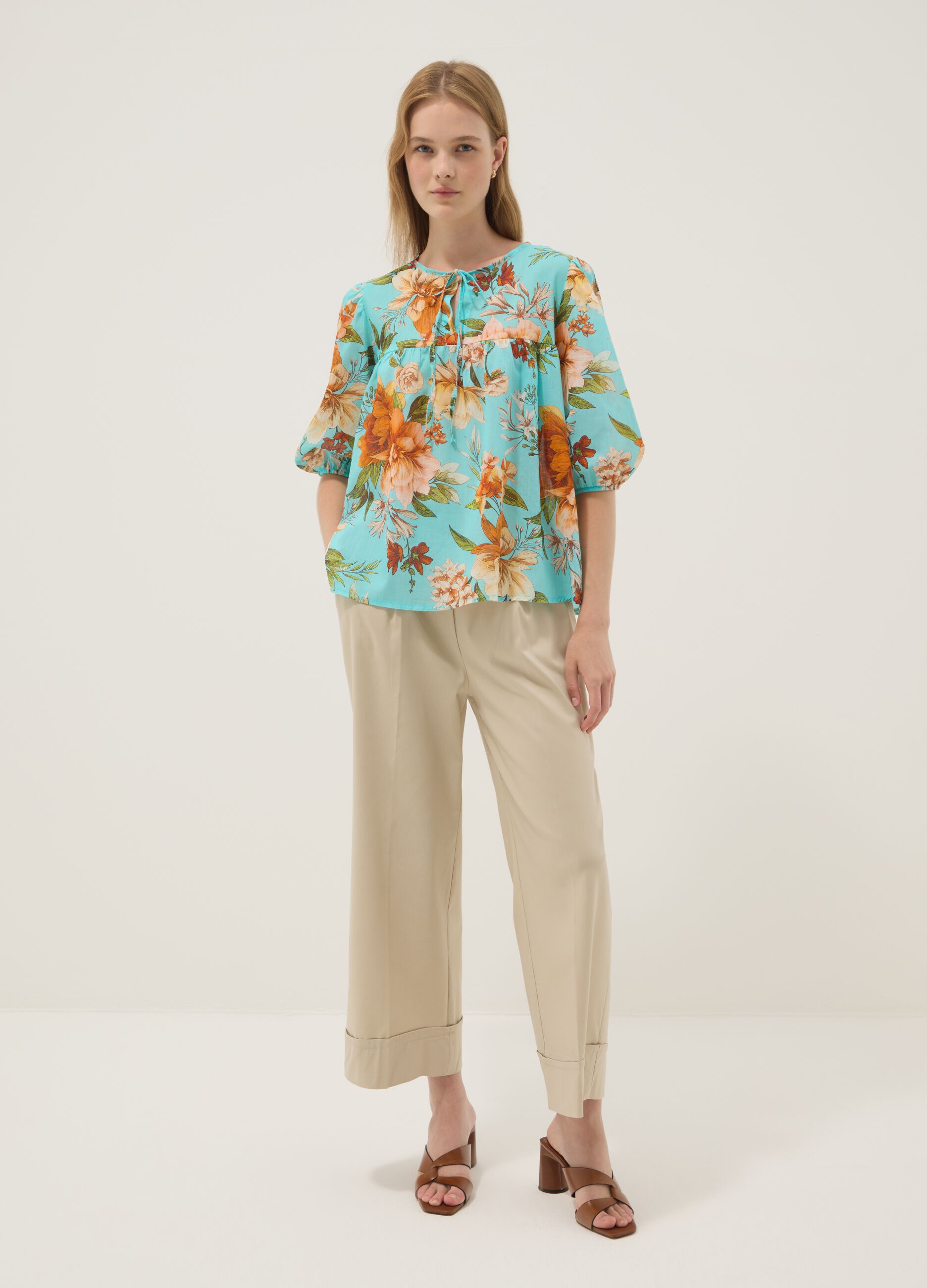 Blue pure cotton blouse with floral print