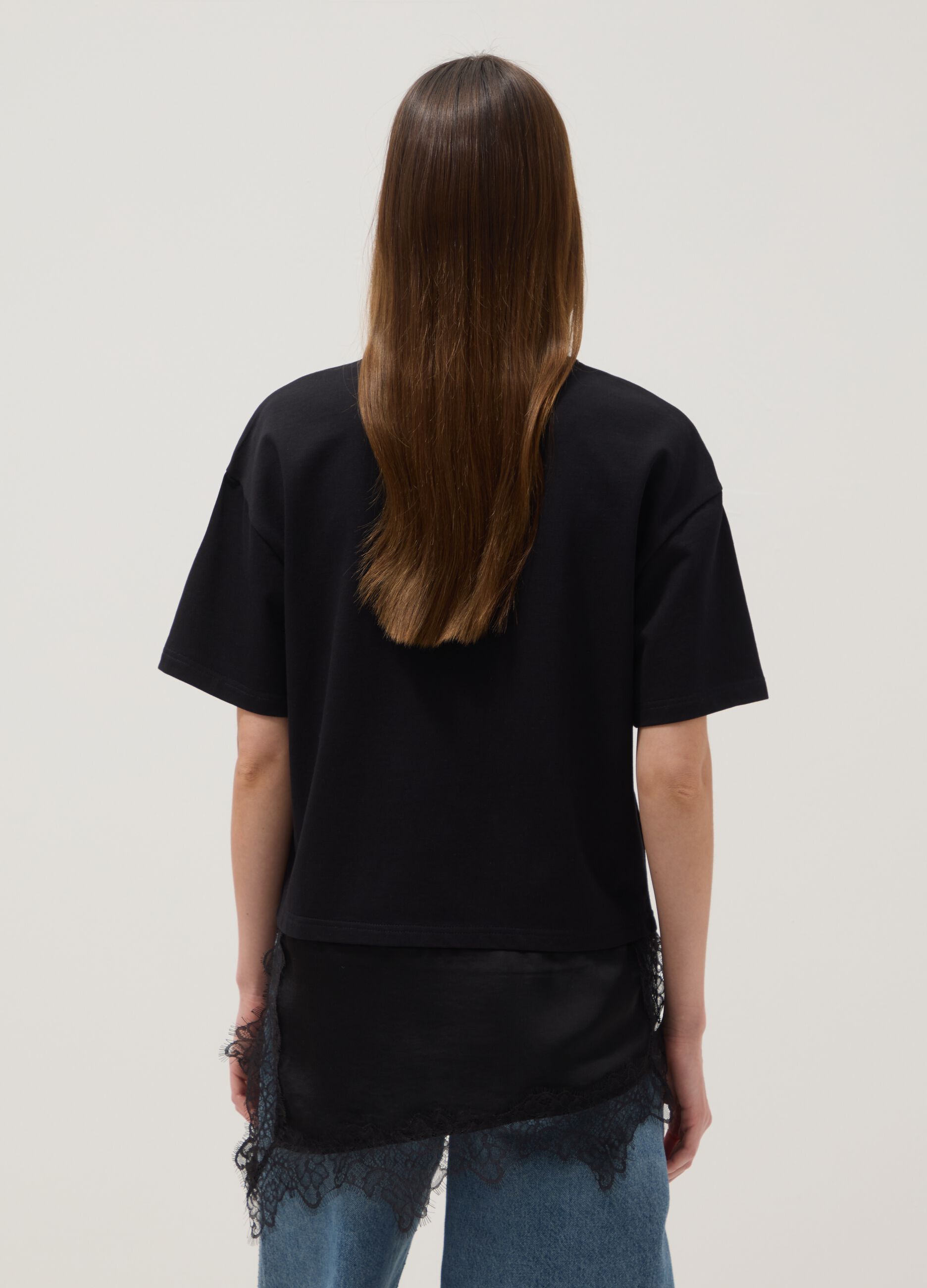 Black pure cotton T-shirt with lace insert, relaxed fit