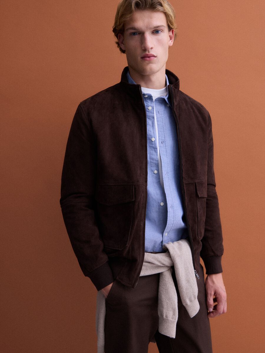 Brown genuine leather bomber jacket with zip_2