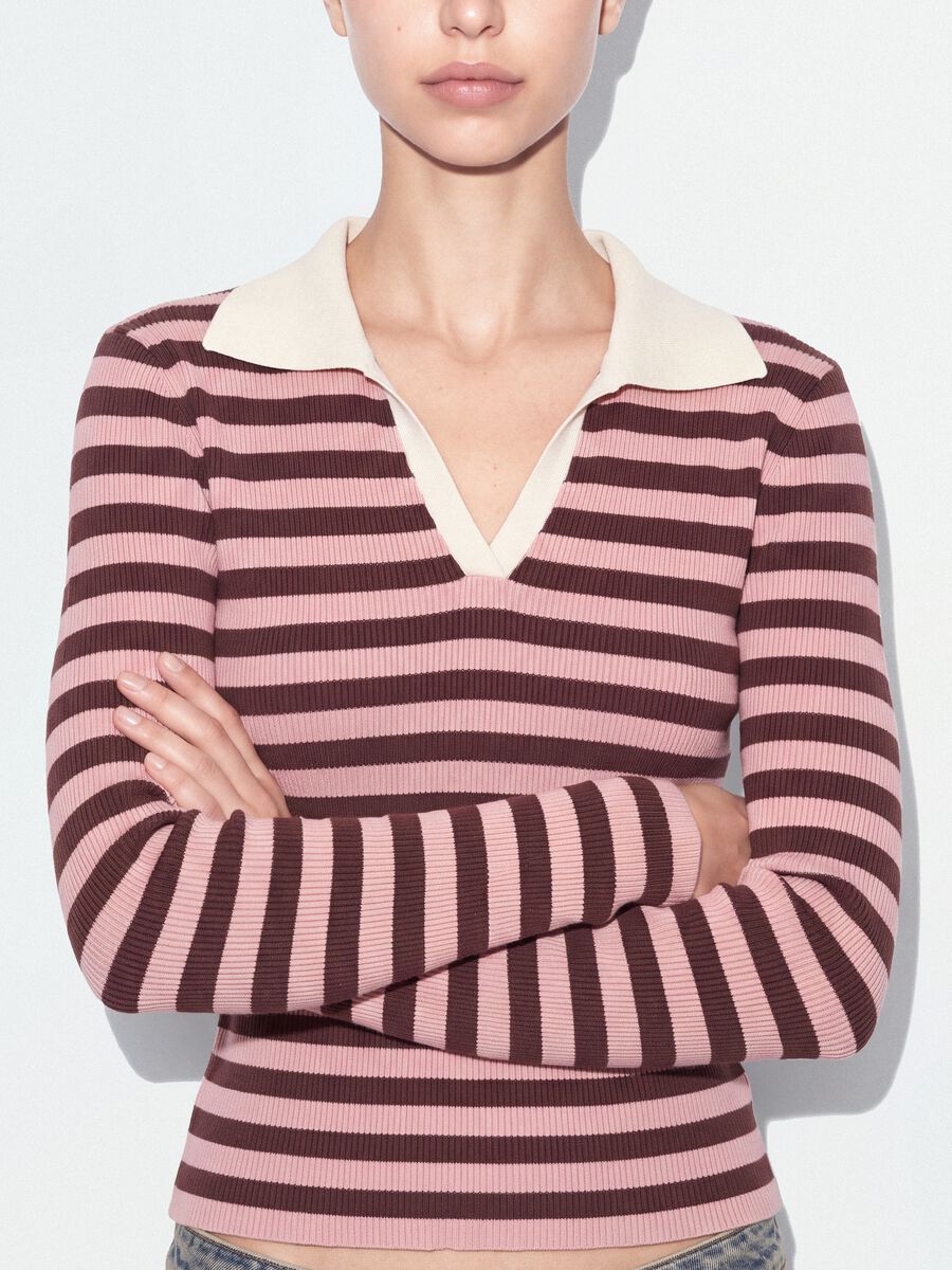 Multicolour striped viscose-blend fitted polo-collar knit top_3