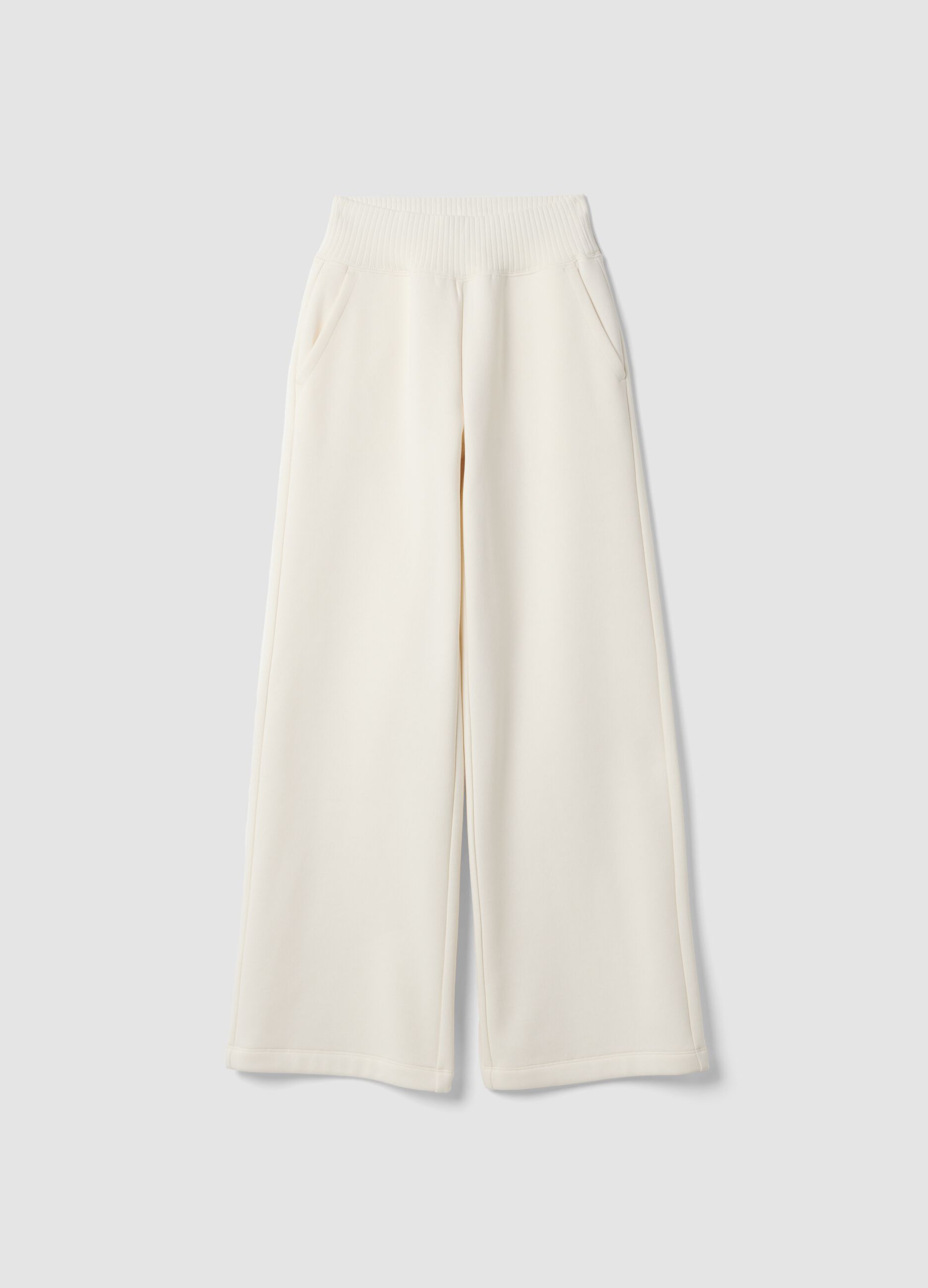 White cotton-blend fleece straight-leg trousers