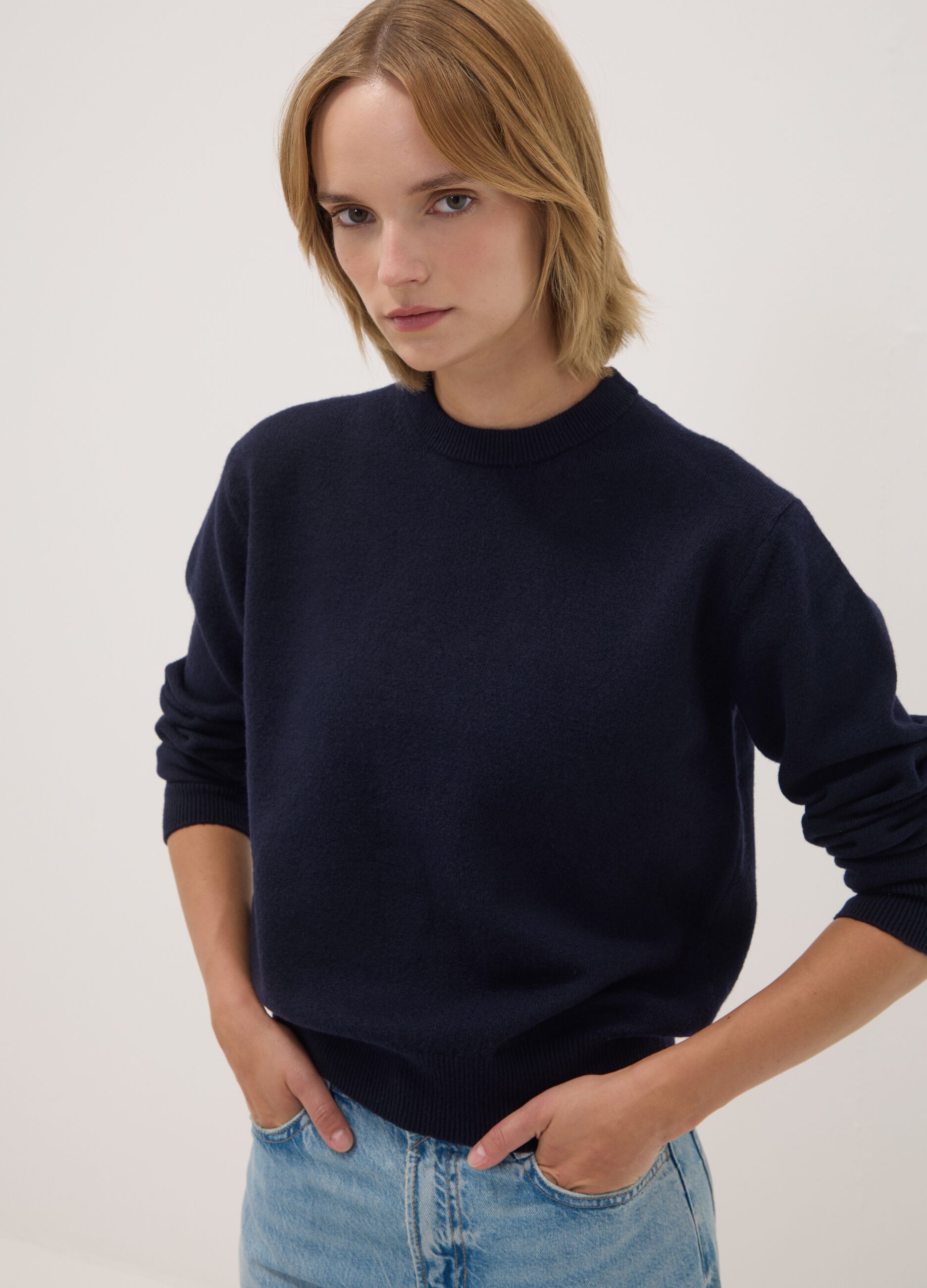 Blue crew-neck jumper in stretch wool