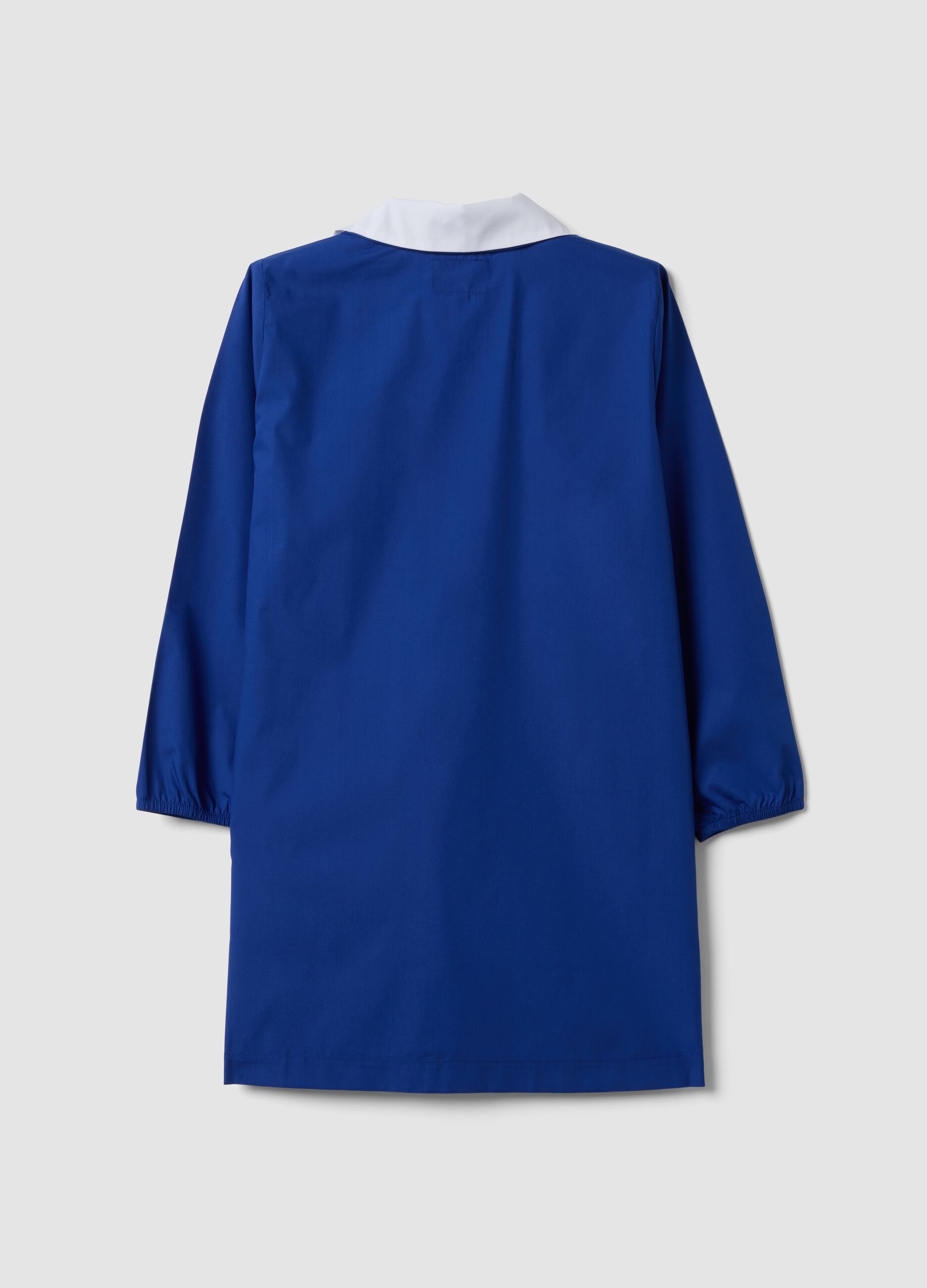 Customisable blue school apron with zip and panda embroidery