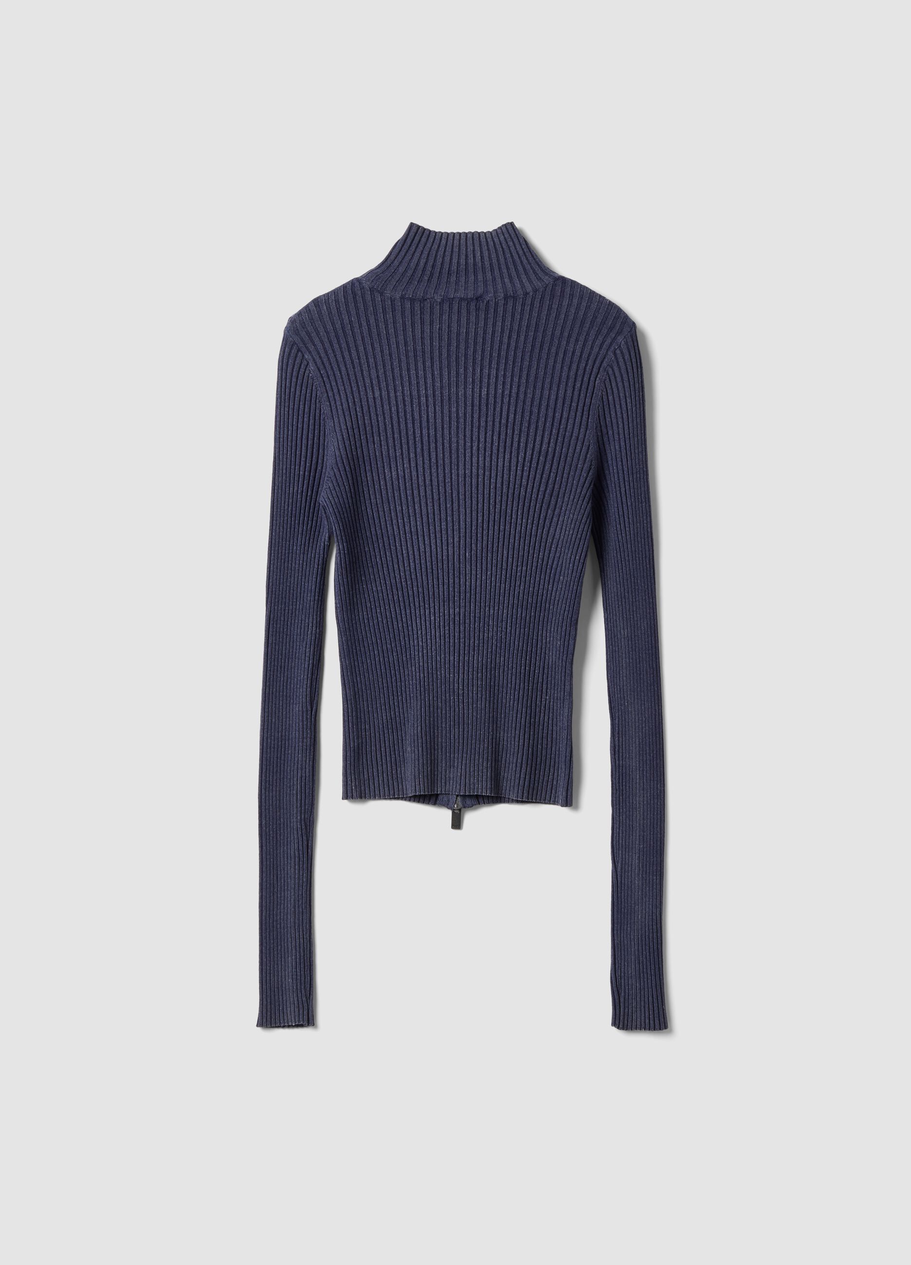 Full-Zip Ribbed Knit Twilight Blue