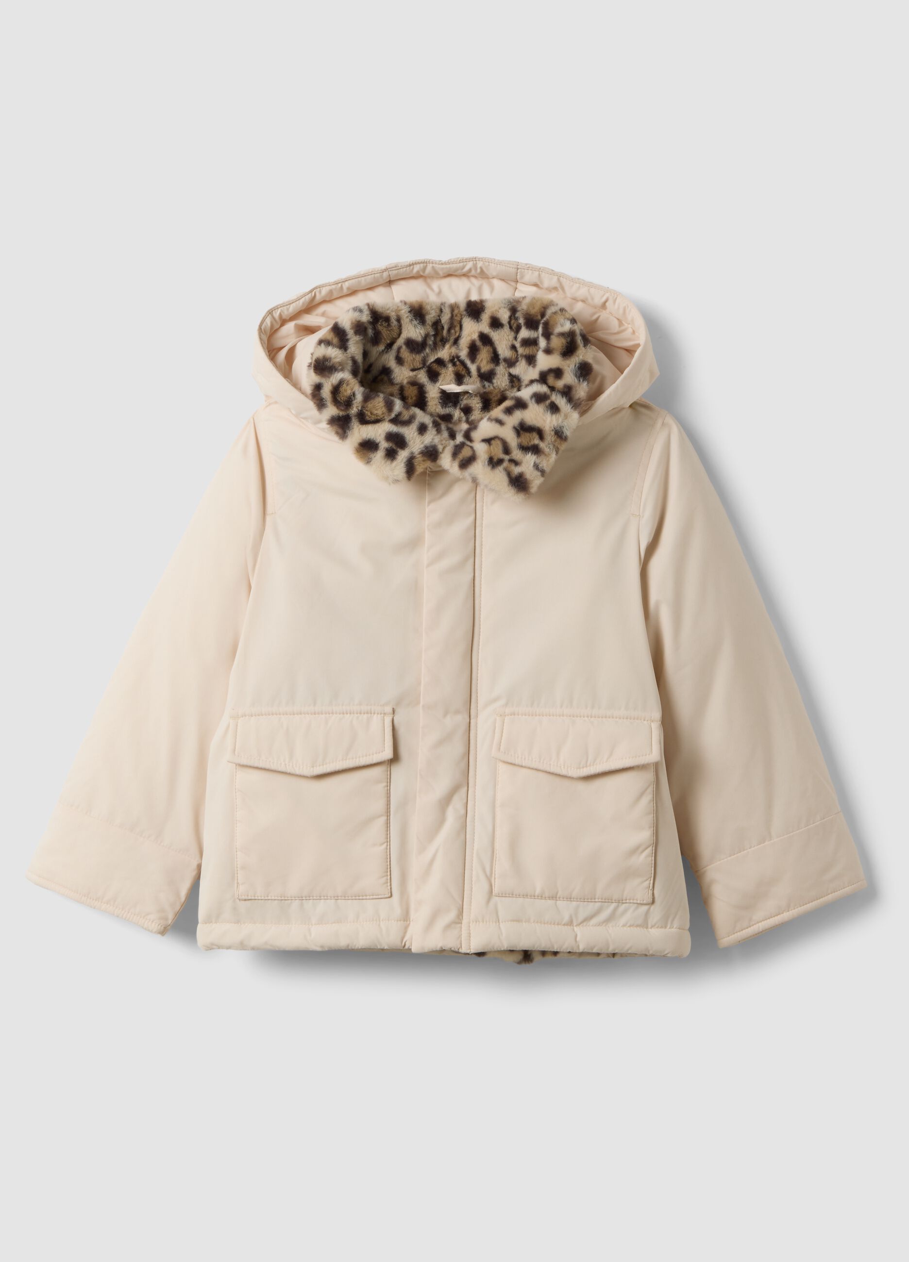 Pink padded hooded jacket with animal-print lining