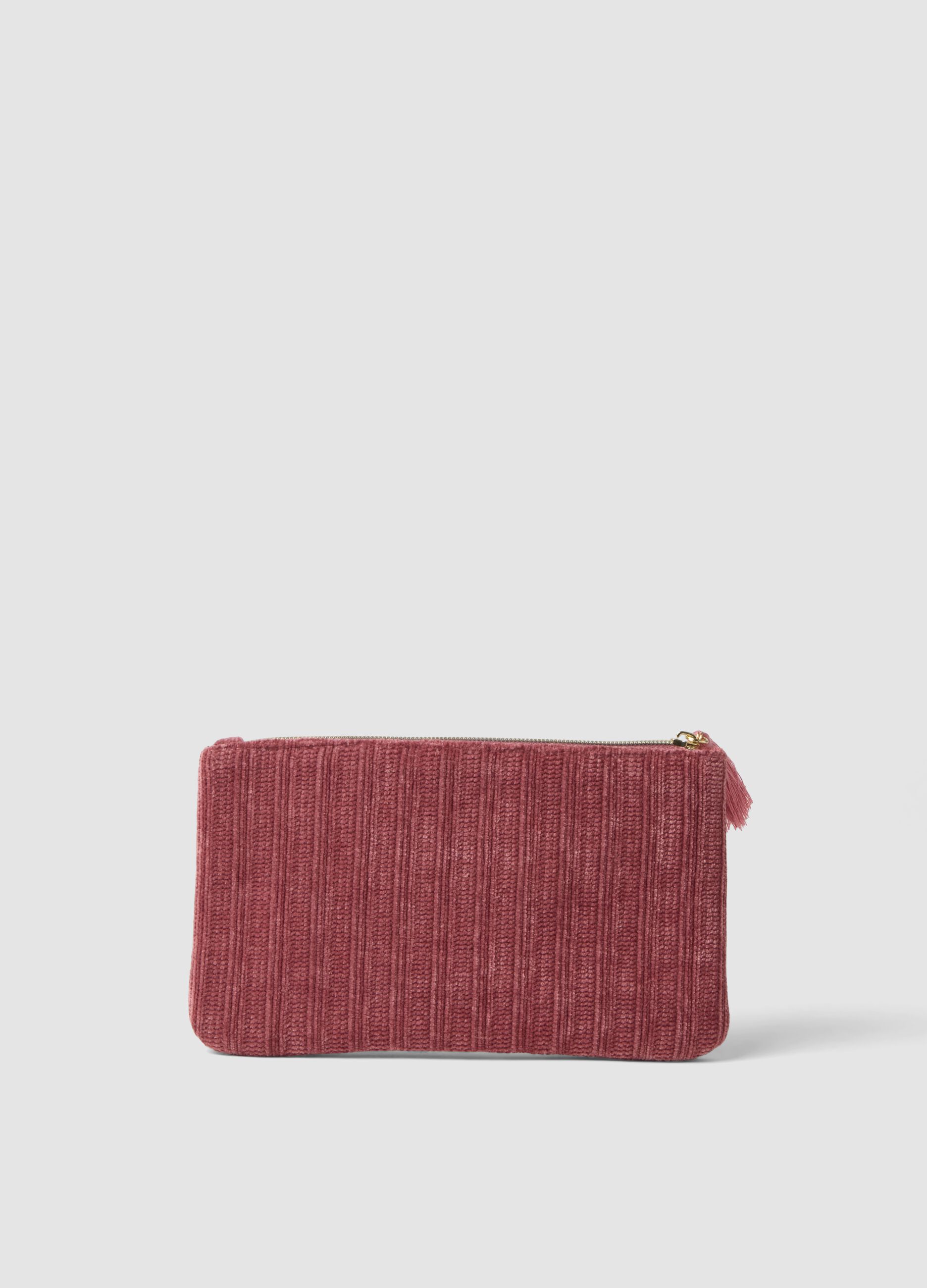 Pink clutch bag with floral embroidery and tassel