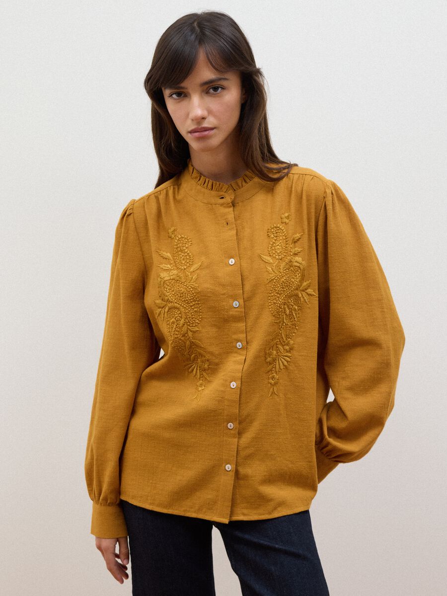 Orange pure cotton shirt with embroidery_0