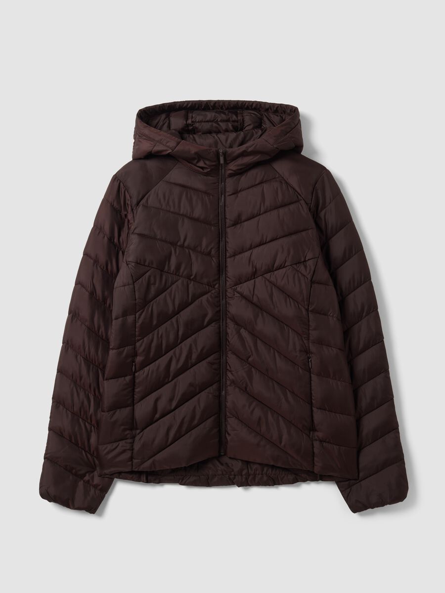 Brown Ultralight Quilted Jacket with Hood and Zip_0