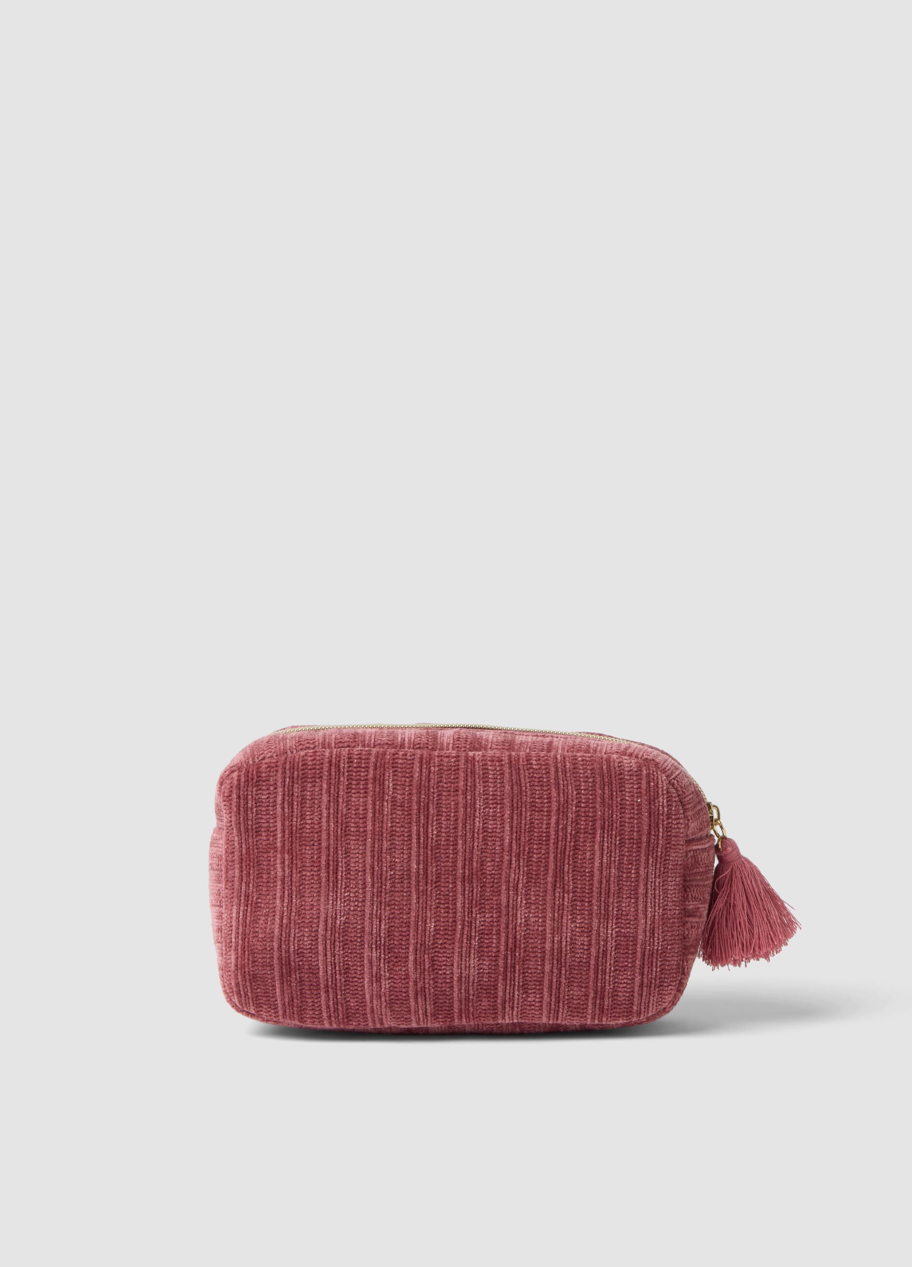 Pink beauty pouch with floral embroidery and tassel