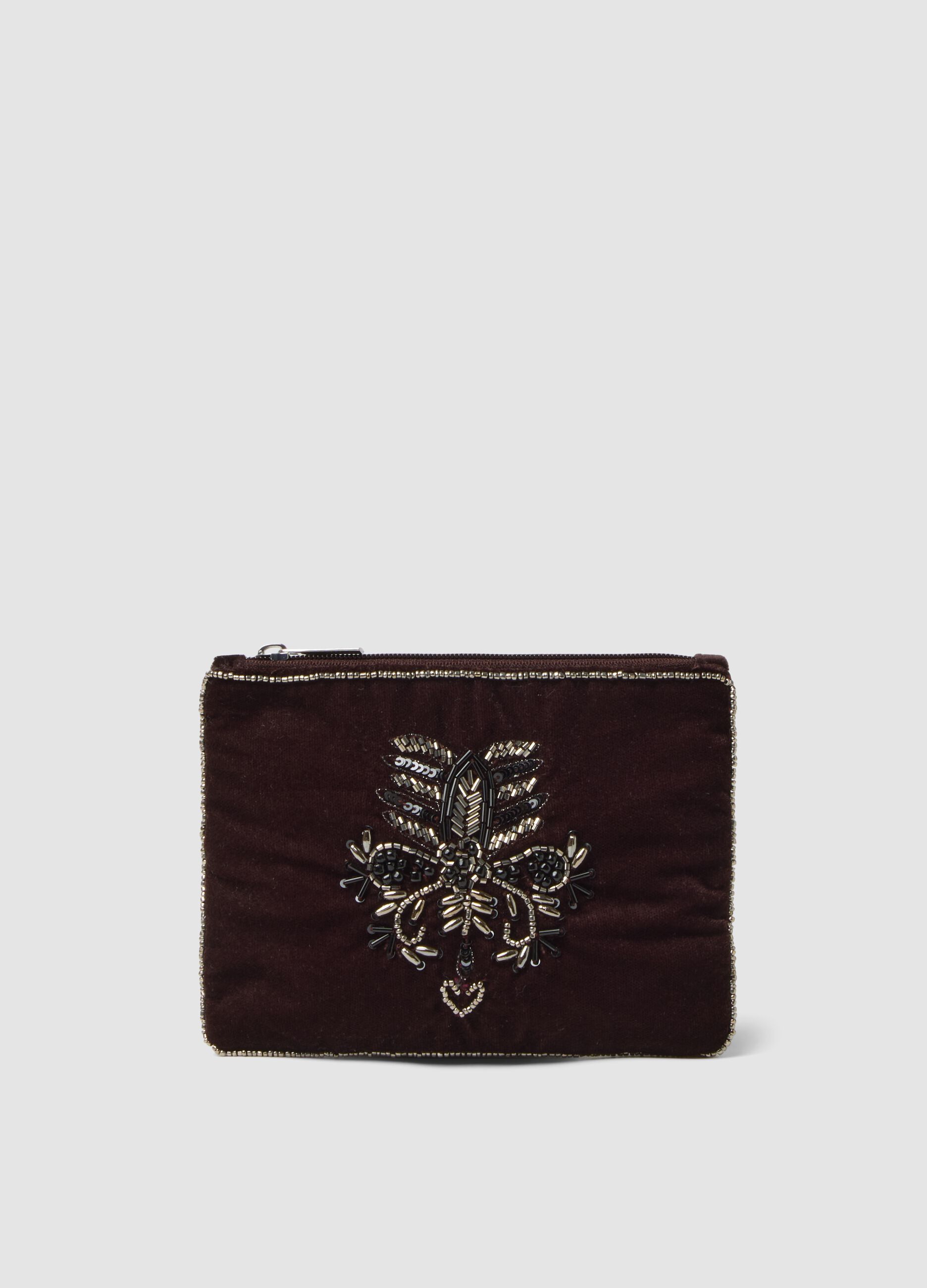 Pochette marrone con ricami di perline e zip