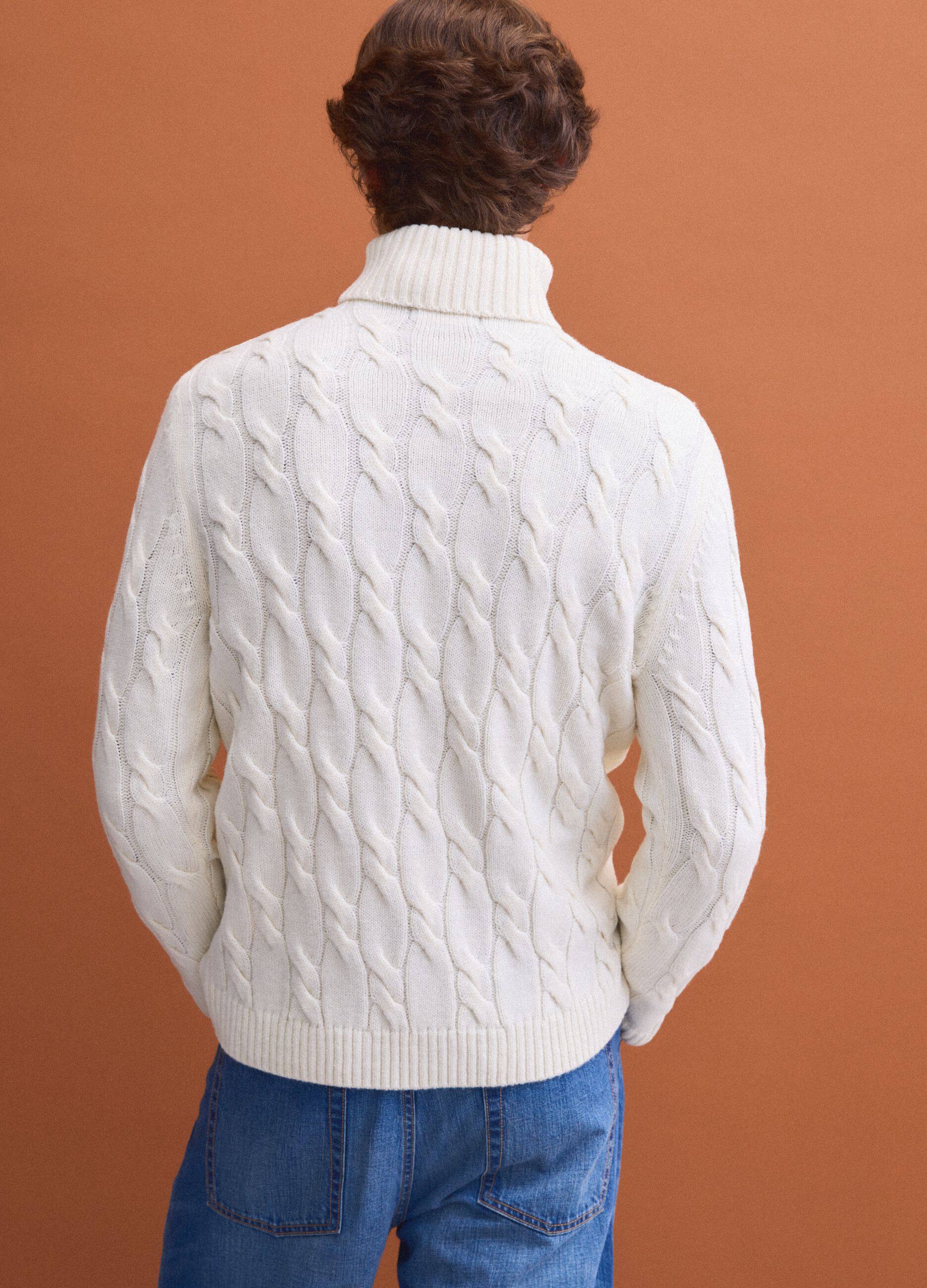 White wool-blend cable-knit turtleneck jumper, regular fit