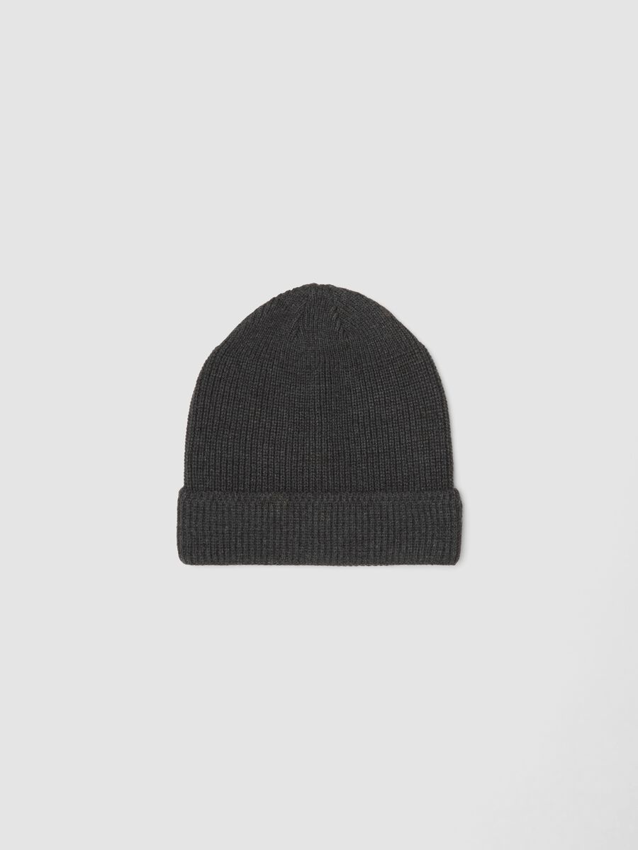 Grey ribbed knit beanie with turn-up_0