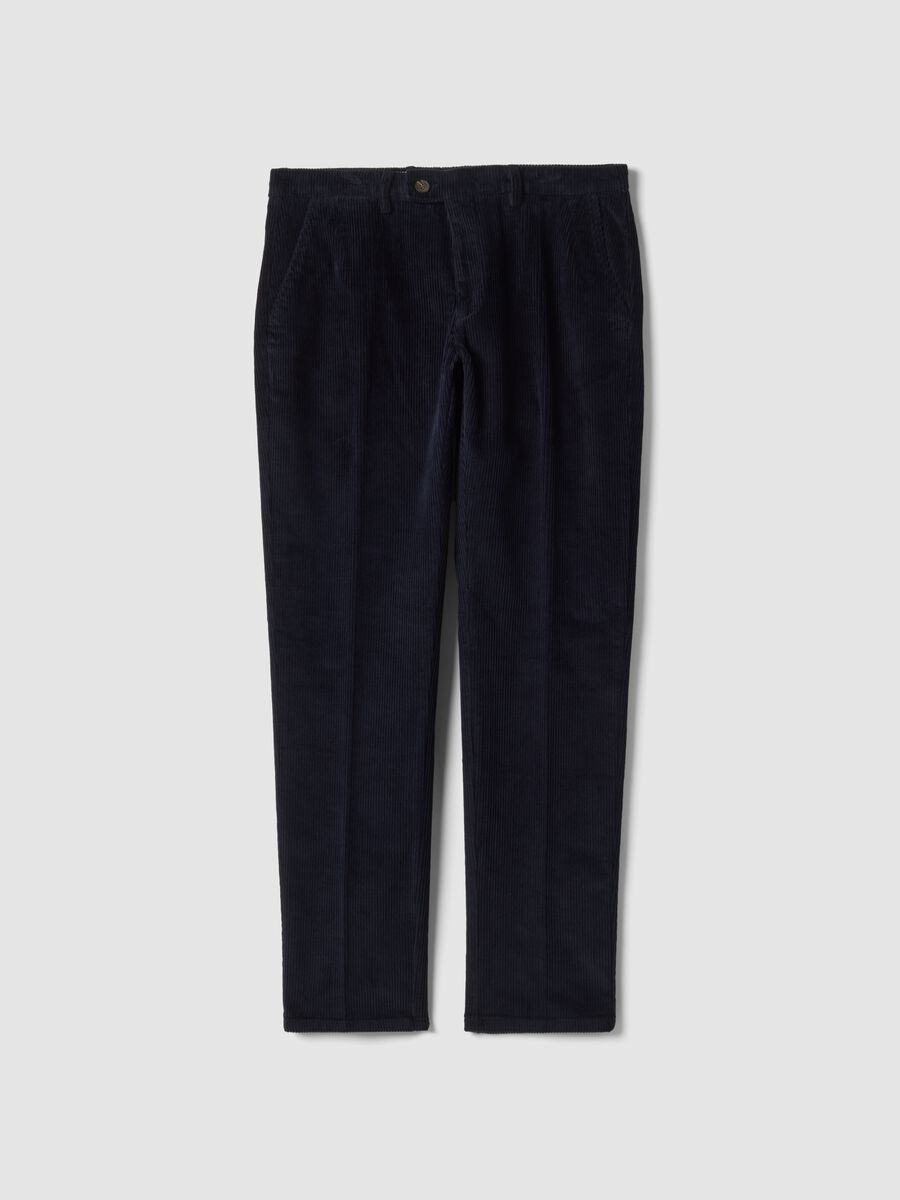 Pantaloni blu in cotone elasticizzato a coste_0