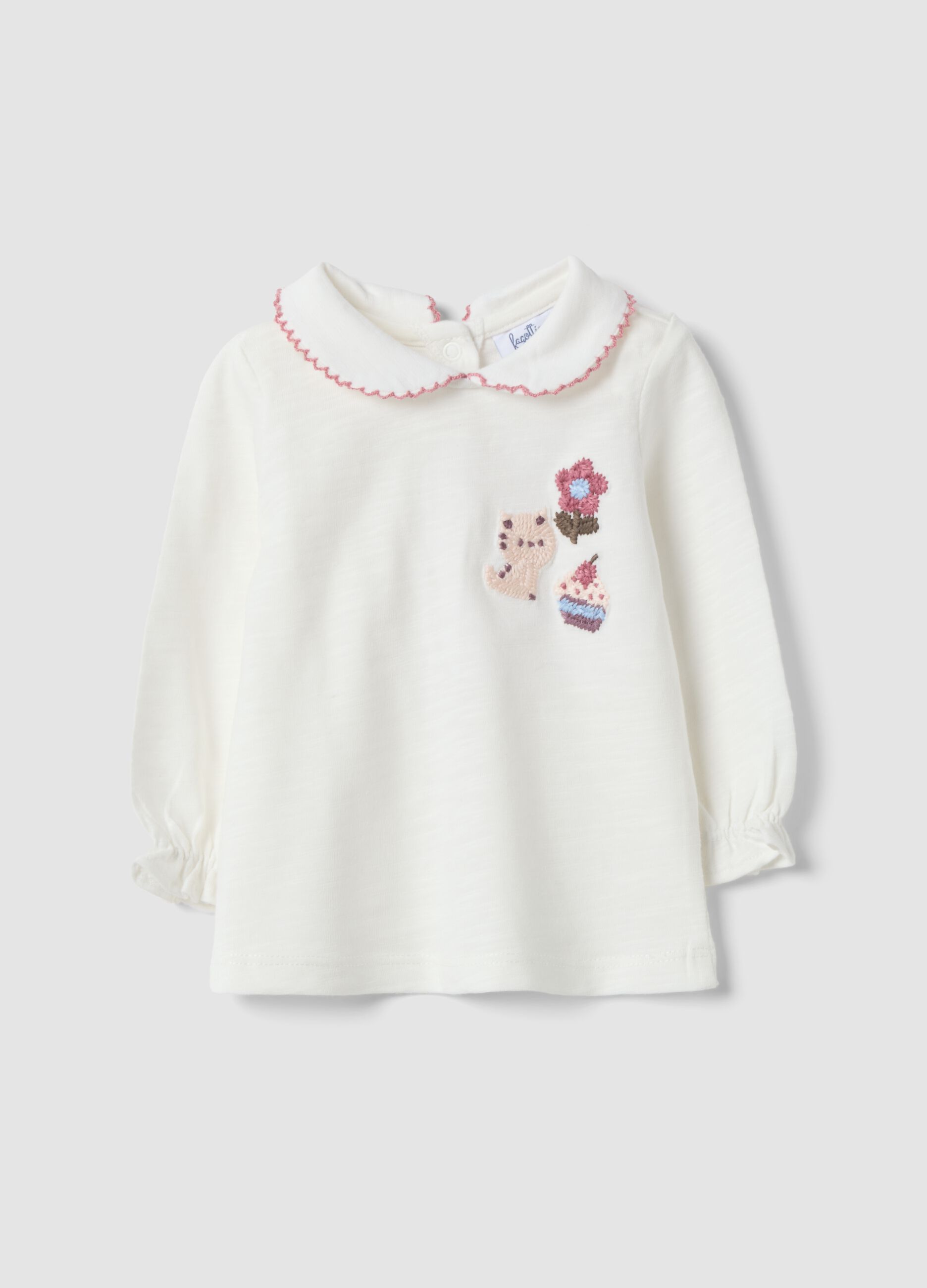 White organic cotton jersey top with embroidery, regular fit