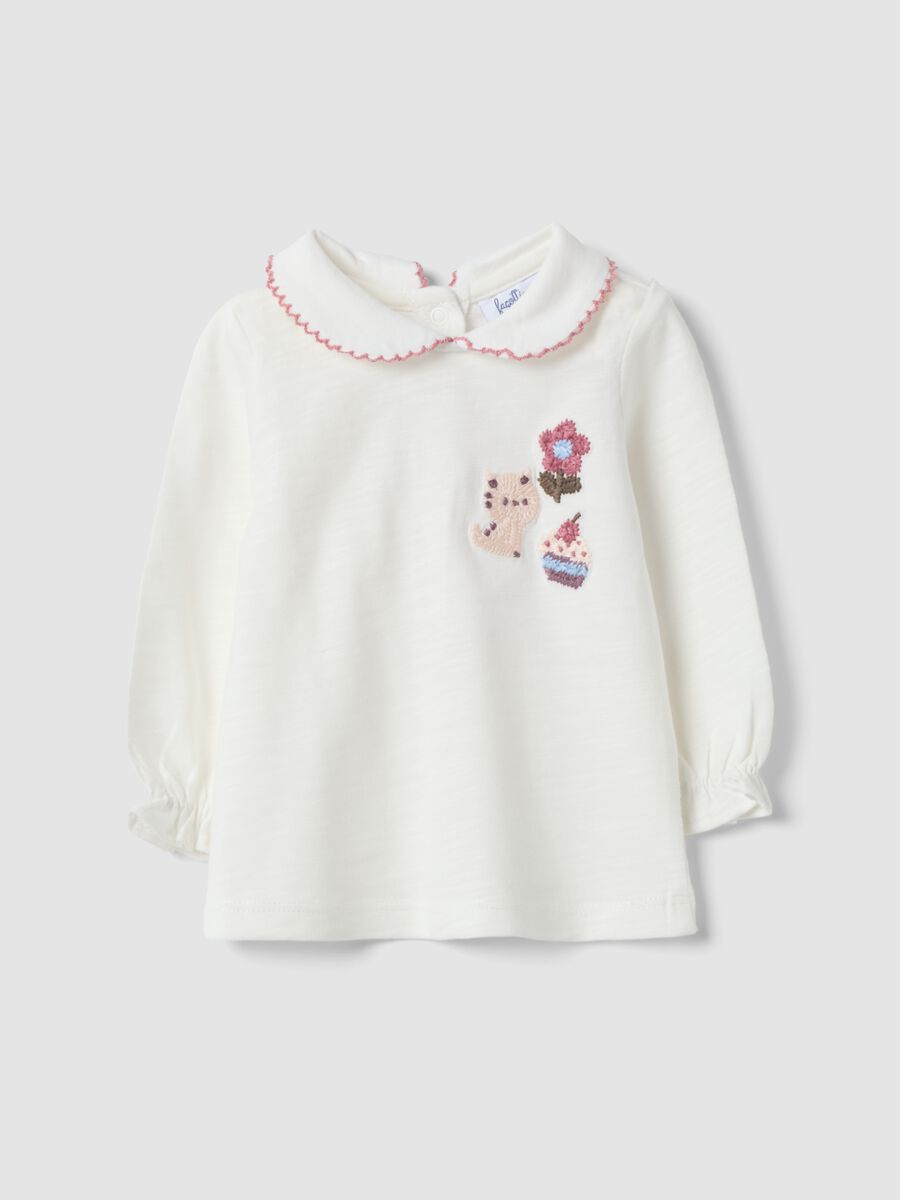 White organic cotton jersey top with embroidery, regular fit_0