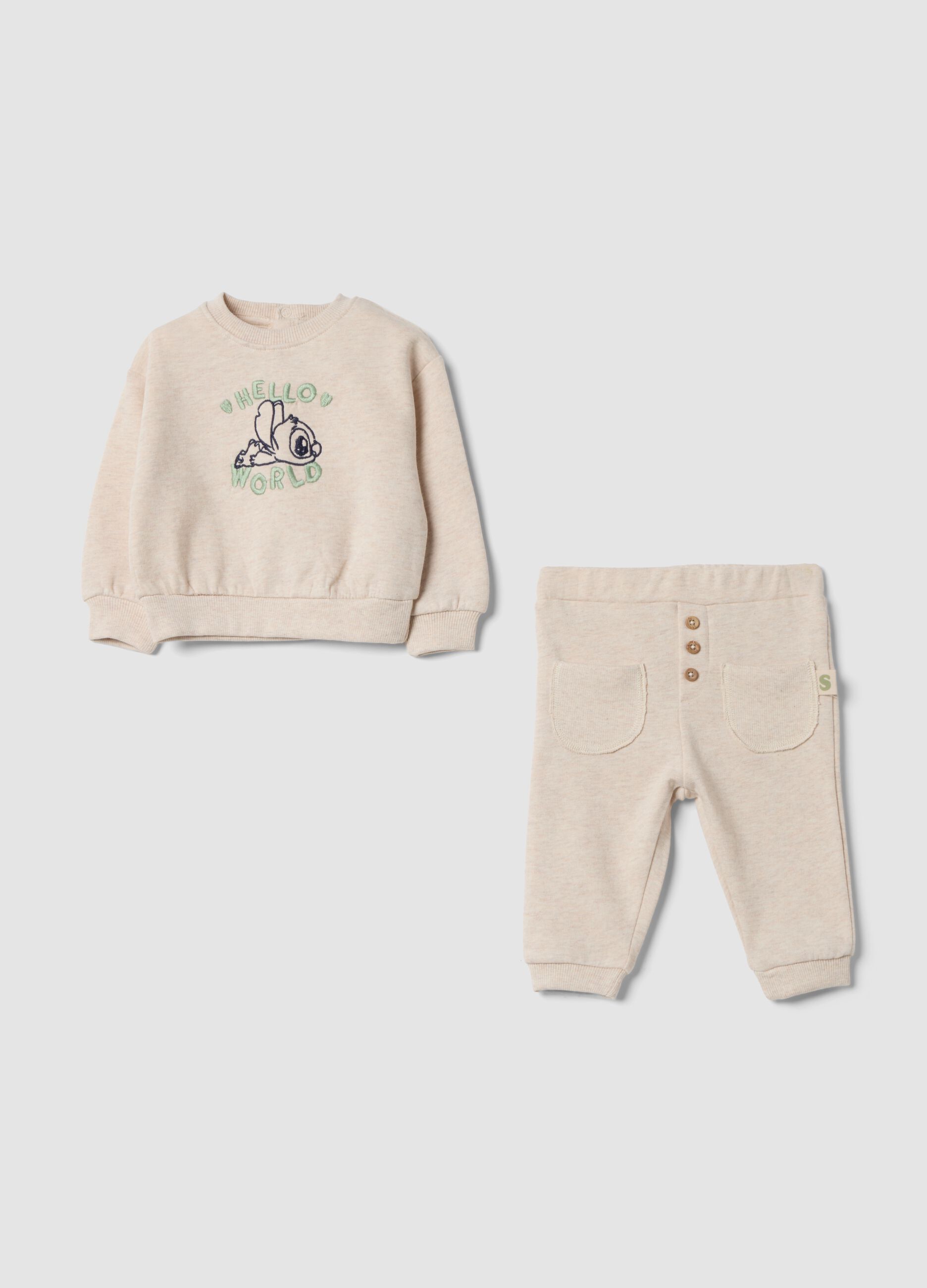 Completo beige in puro cotone organico con ricamo Lilo & Stitch