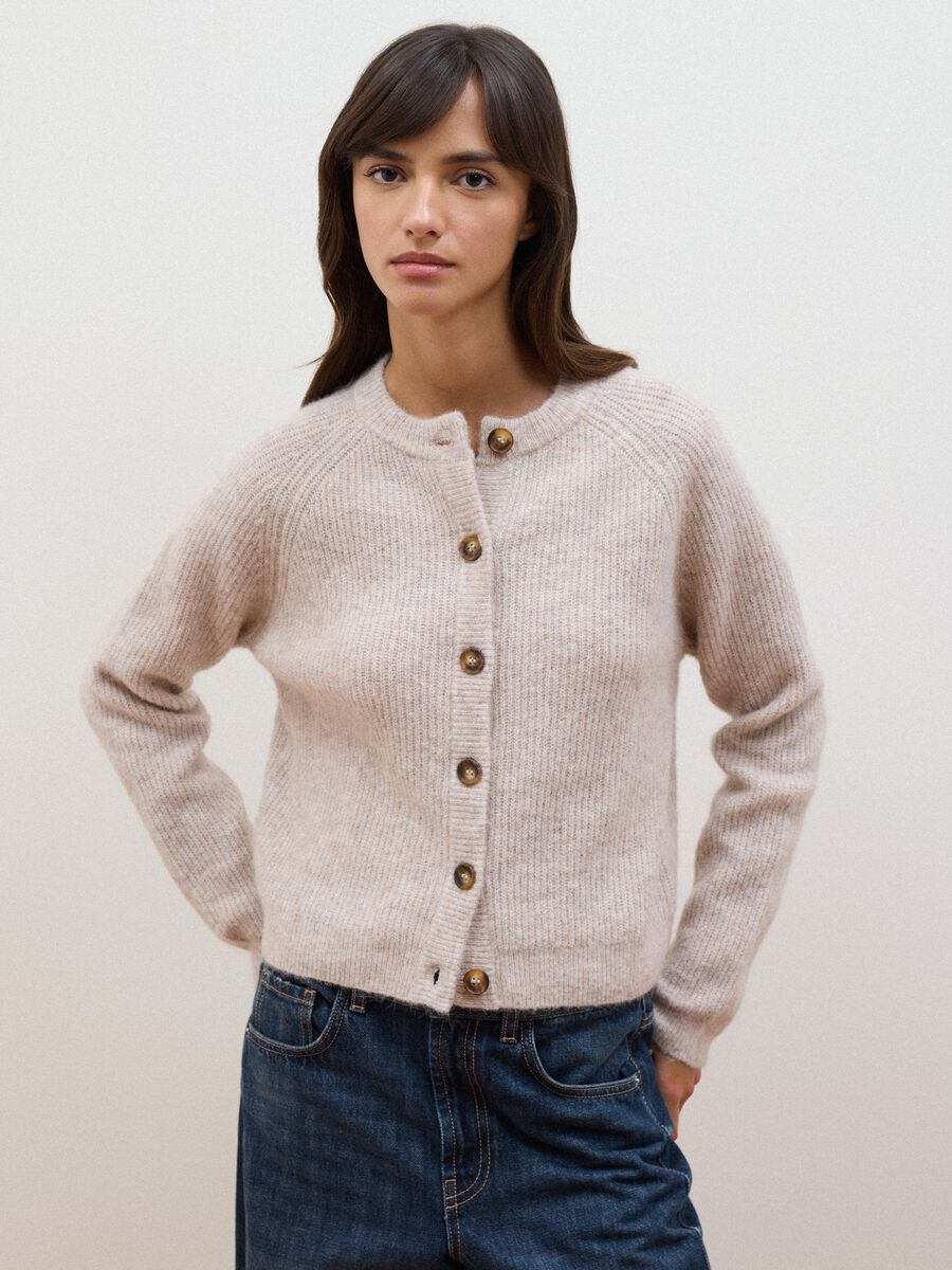 Beige crew-neck cardigan in stretchy wool and alpaca, regular fit_0