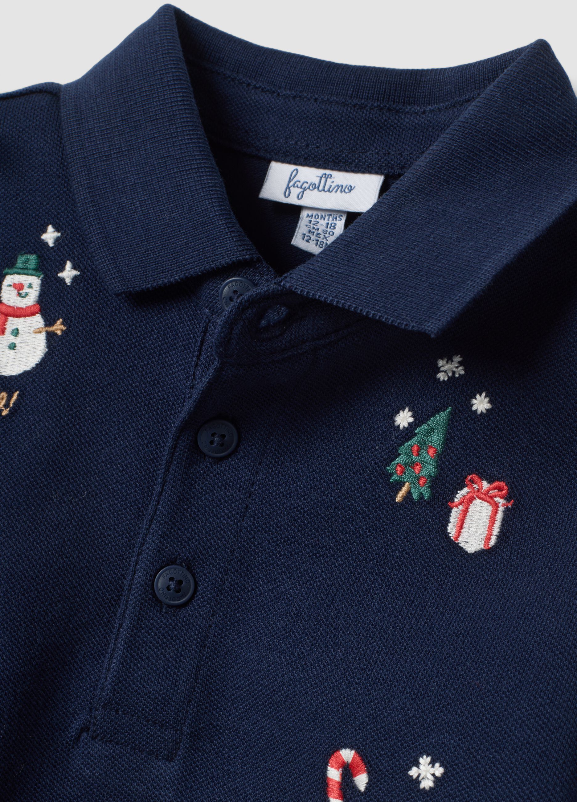 Navy pure cotton polo shirt with polo collar and Christmas embroidery