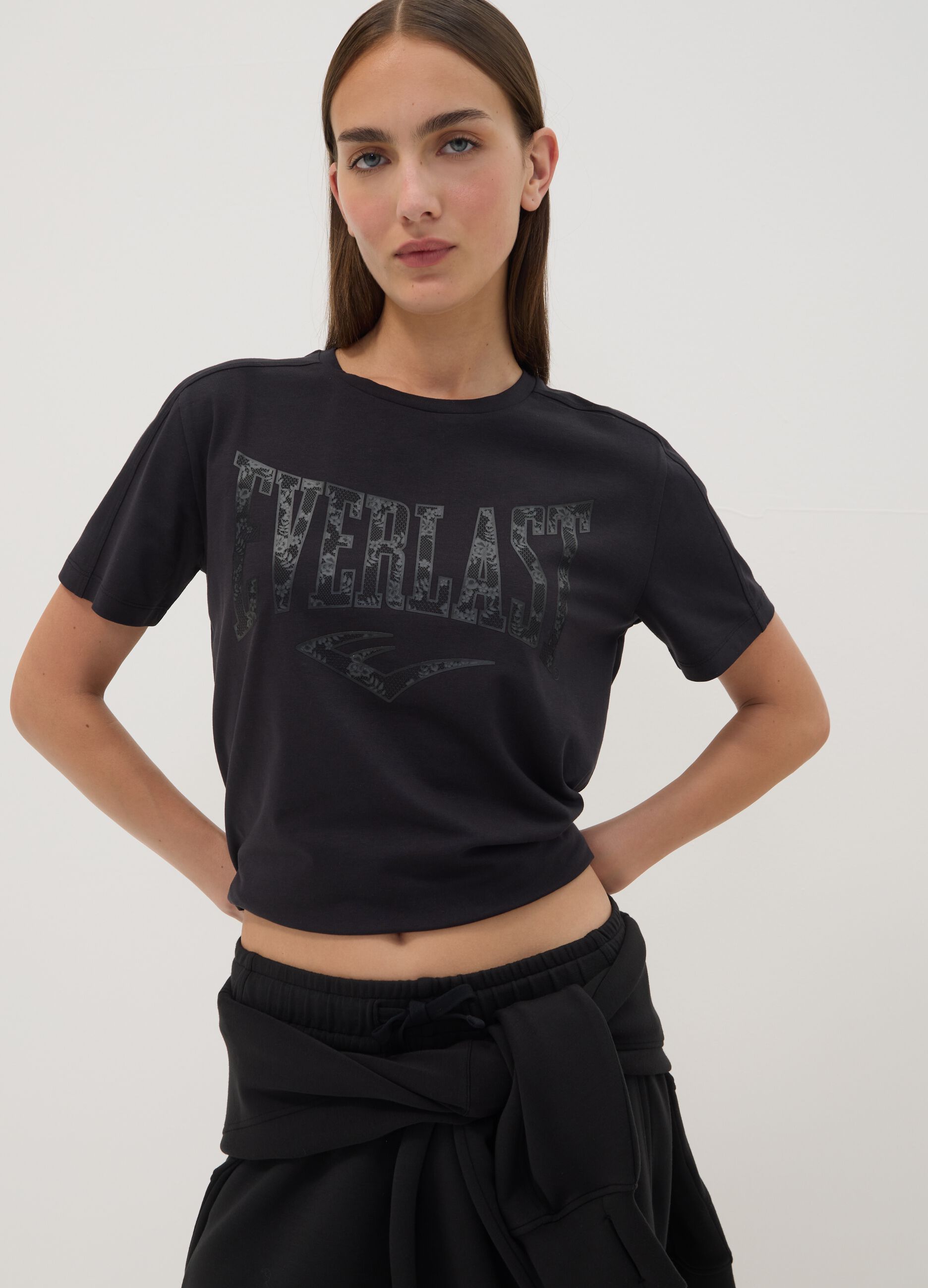 Black regular-fit stretch cotton jersey T-shirt with print