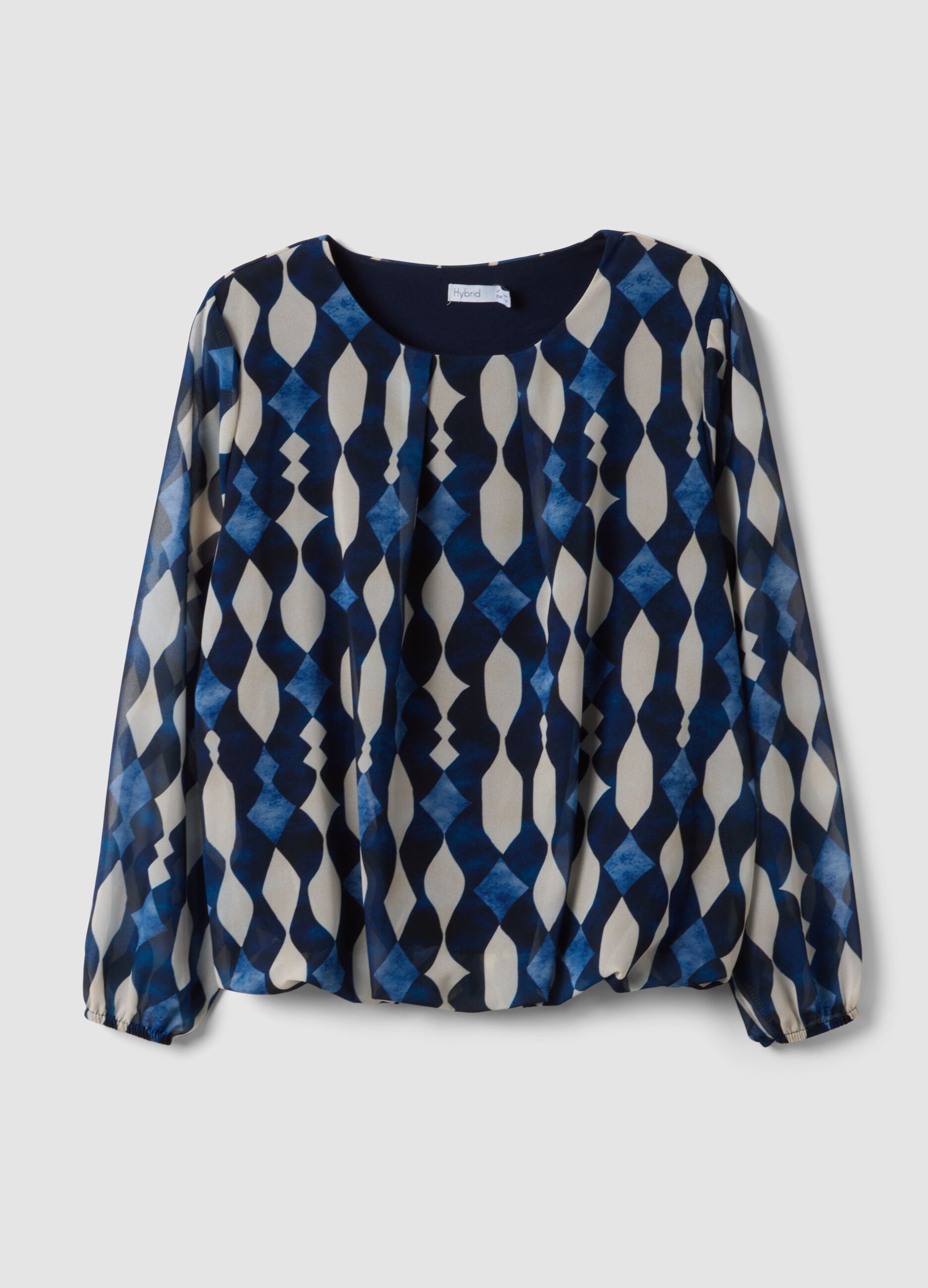 Blue and white geometric print blouse, regular fit