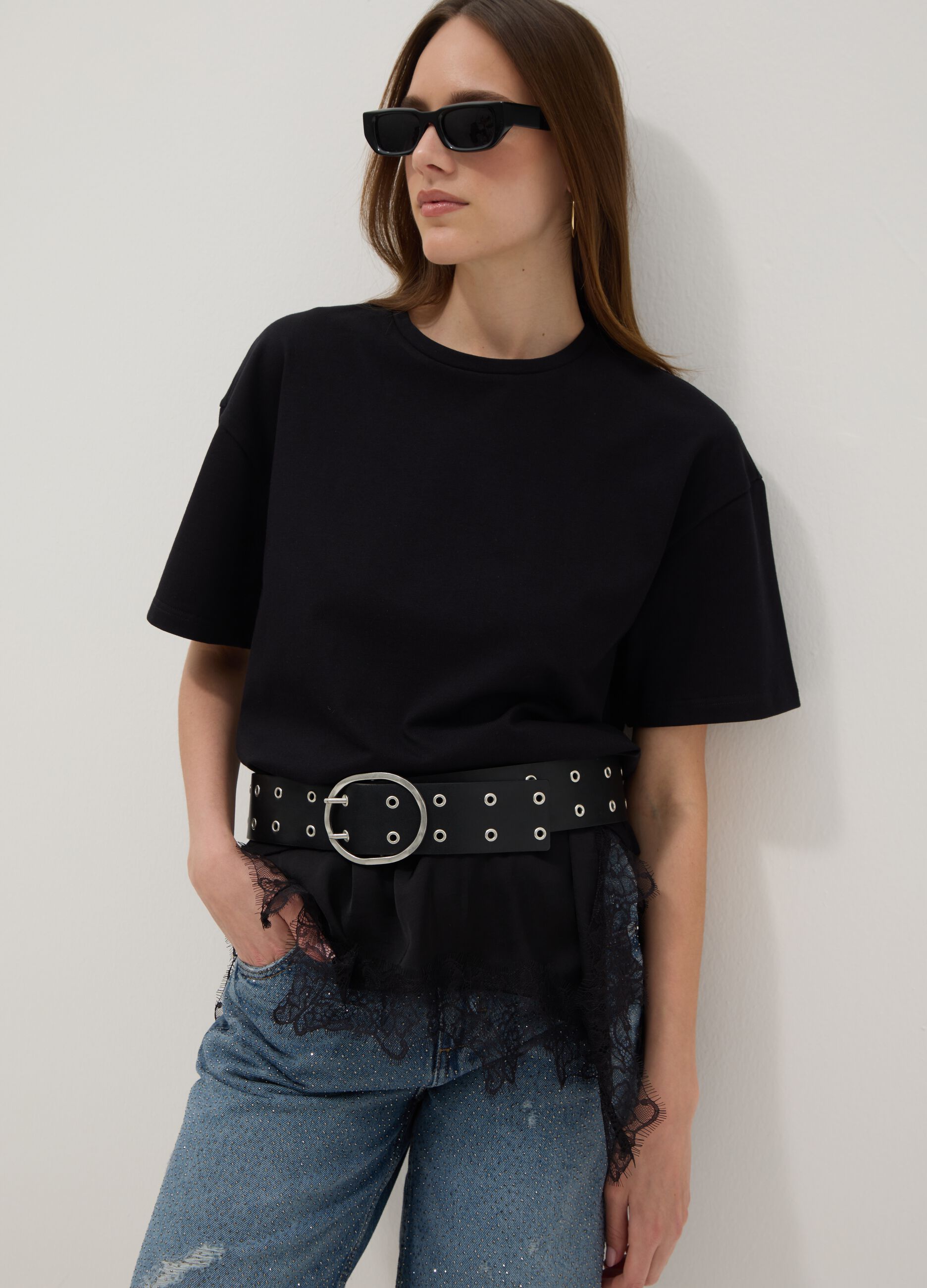 Black pure cotton T-shirt with lace insert, relaxed fit