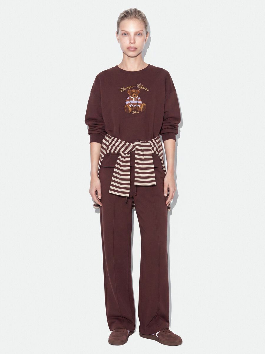 Brown cotton-blend crew-neck sweatshirt with teddy print_1