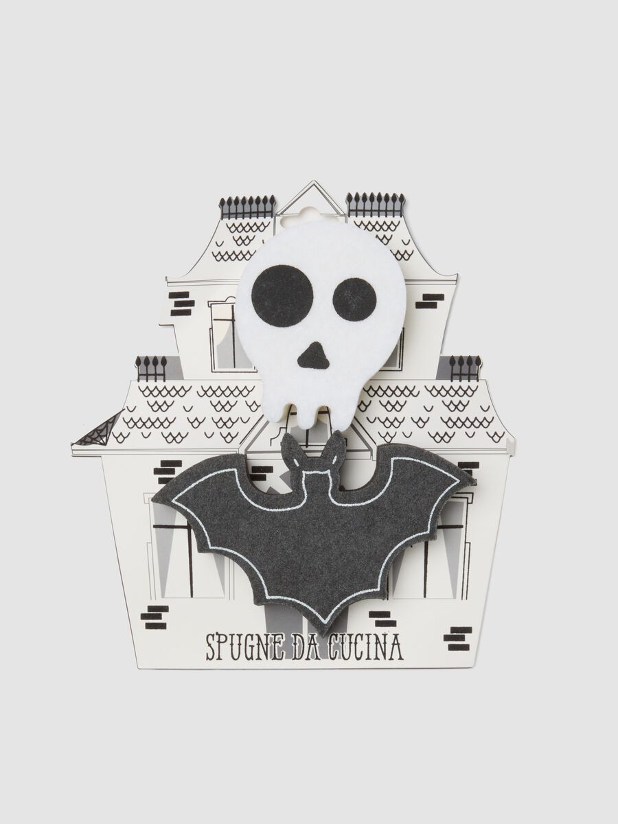 Black and white kitchen sponge set in skull and bat shapes_0