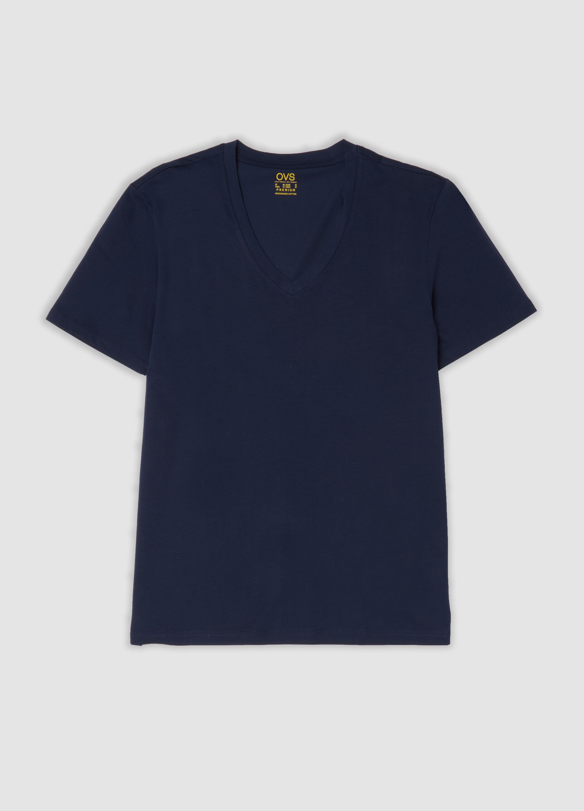 Blue T-shirt in pure mercerised cotton with deep V-neck