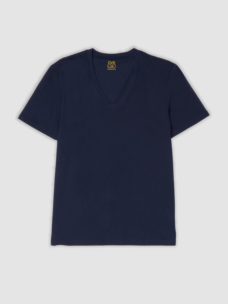 Blue T-shirt in pure mercerised cotton with deep V-neck_0